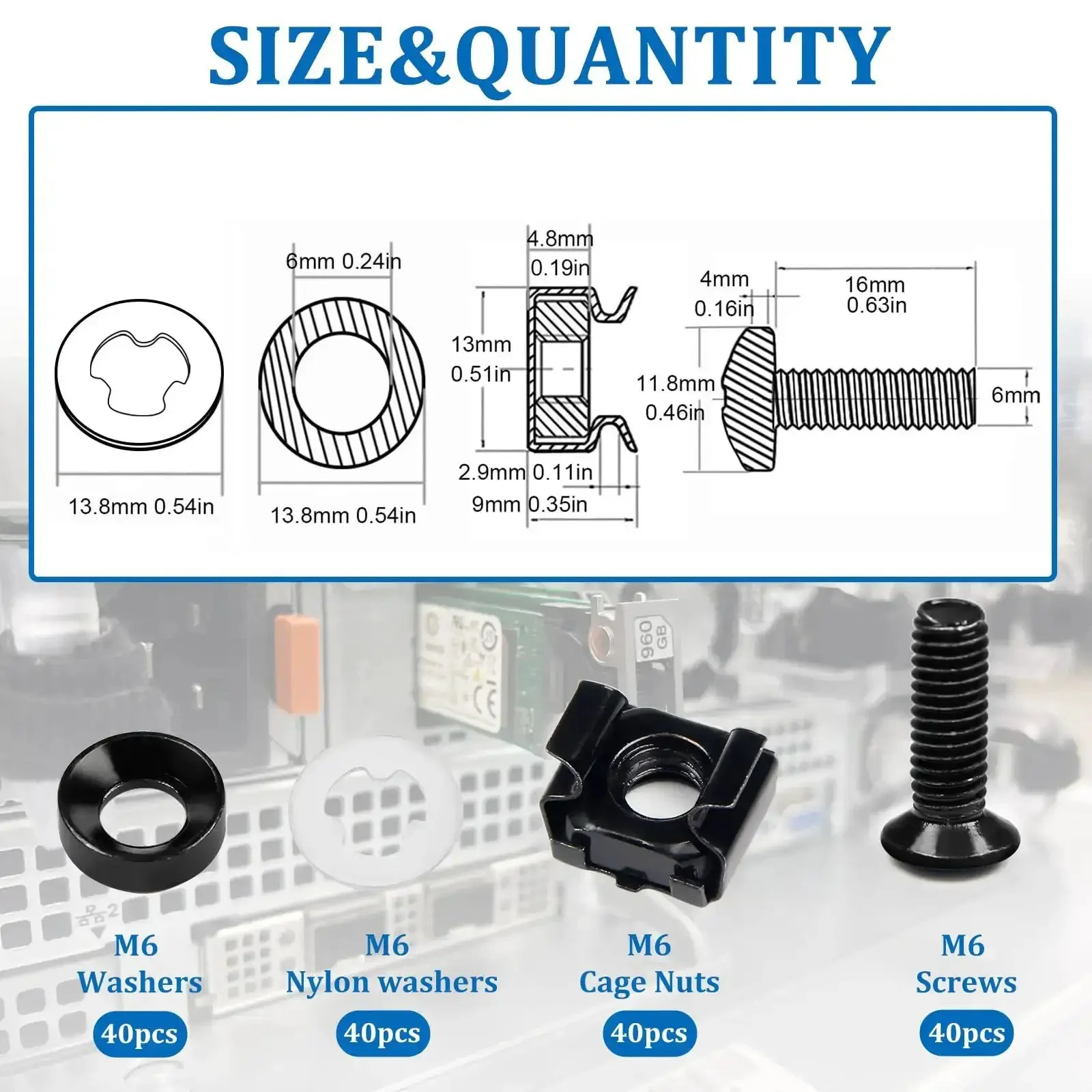 40 Sets M6 Rack Mount Hardware Kit With Cage Nuts, Screws, Nylon Lock Washers, And Washers For Server Racks, Cabinets, Shelves, Routers, And Other Square Hole Enclosures, Vibration Resistant And Noise Reduction - Image 7