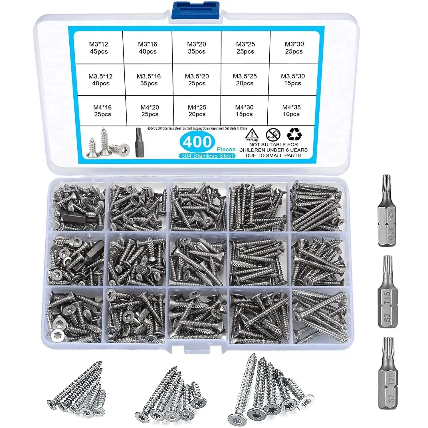 400 Pcs M3 M3.5 M4 Torx Head Self Tapping Wood Screws Pro Grade Assortment Kit In Stainless Steel With Pan Head And Flat Head Designs Includes 3 Bits For Woodworking Drywall And DIY Projects