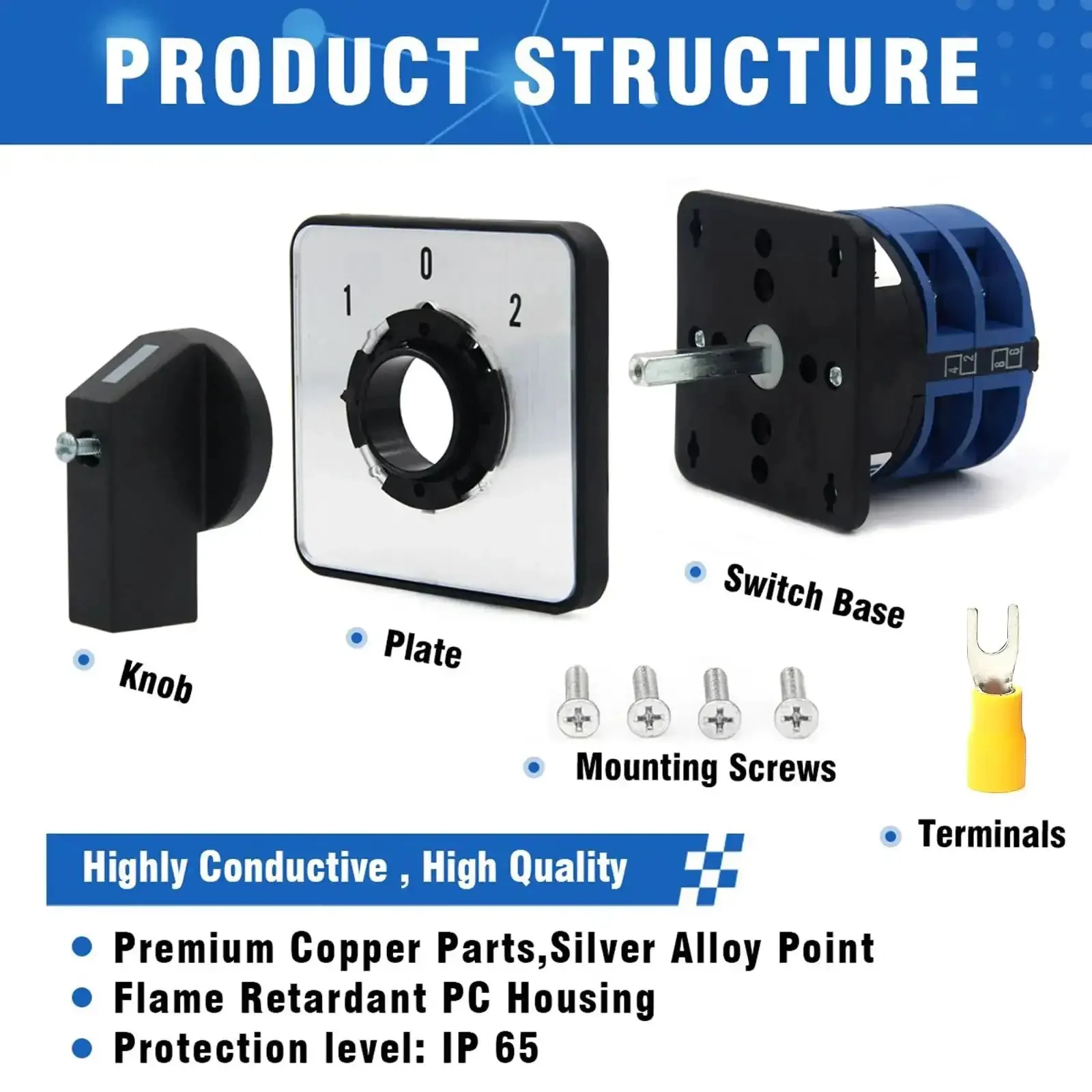 40A Rotary Changeover Switch for Industrial Power Control with 660V Rating, 3 Position ON OFF ON, 2 Poles, 8 Terminals, Workhorse Heavy Duty Flame Retardant PC Housing, Yellow Fork Terminals, IP65 and CE Certified - Image 4
