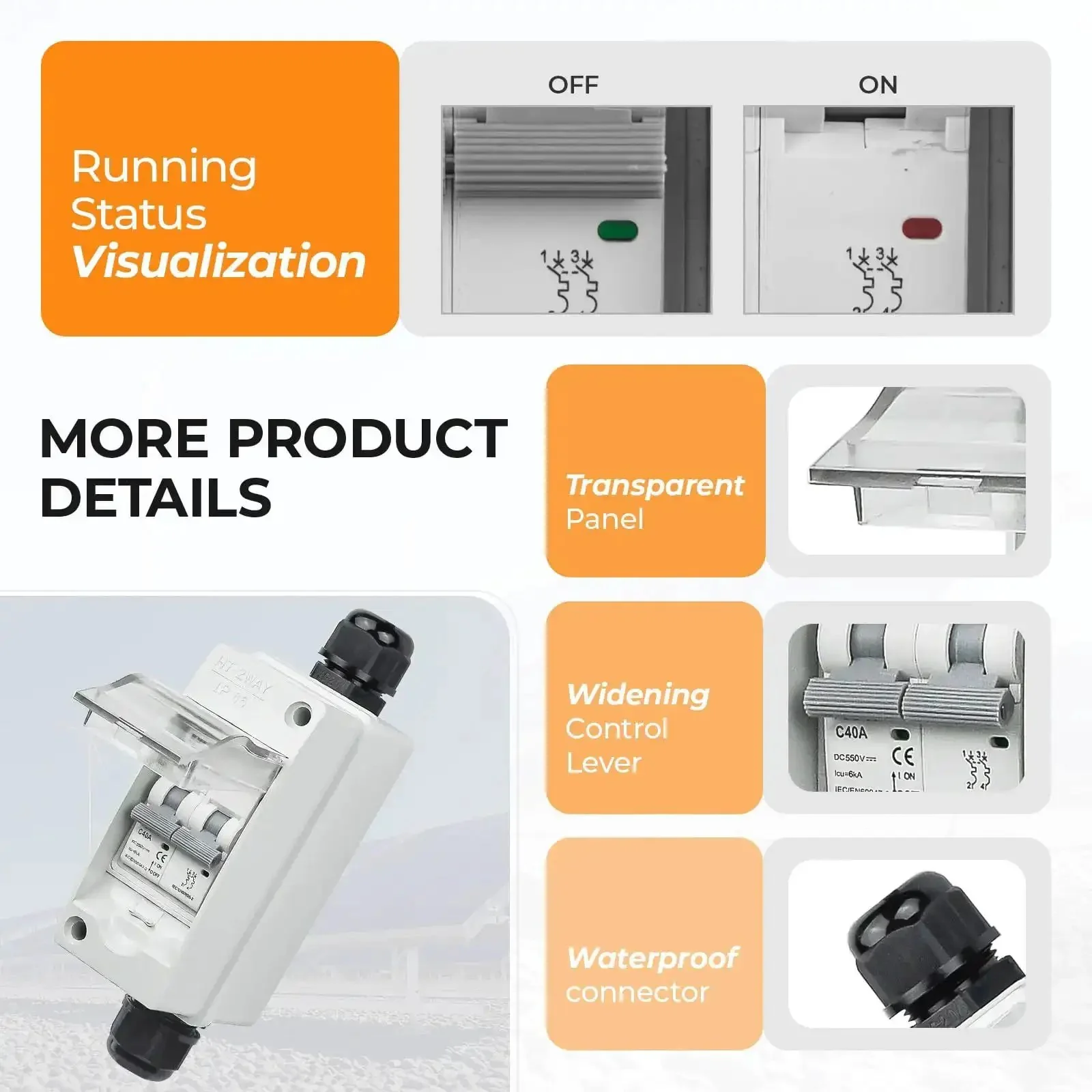 40Amp 550V DC Solar Panel Disconnect Switch For Solar PV Homes Mini Circuit Breaker Box Easy Install With Premium Copper Coil Wide Handle Battery Ready Safety Switch For Solar Power - Image 7