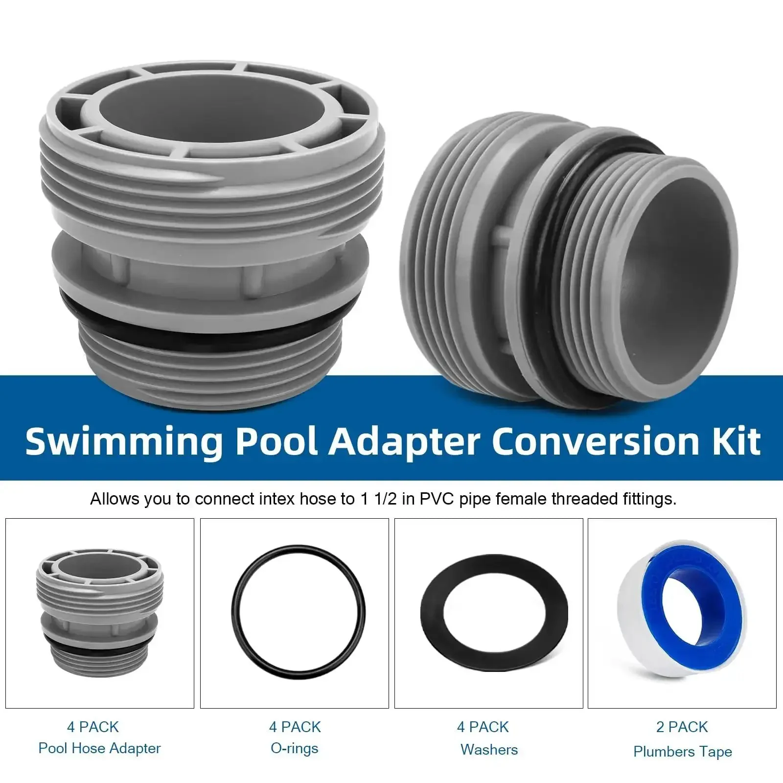40mm To One And One Half Inch Pool Hose Adapter Kit For Attaching 40mm Hoses To Hayward Filter Pumps, No Hassle Quick Connect, Leak Free Above Ground Pool Connections, 4 Pack, Grey - Image 3