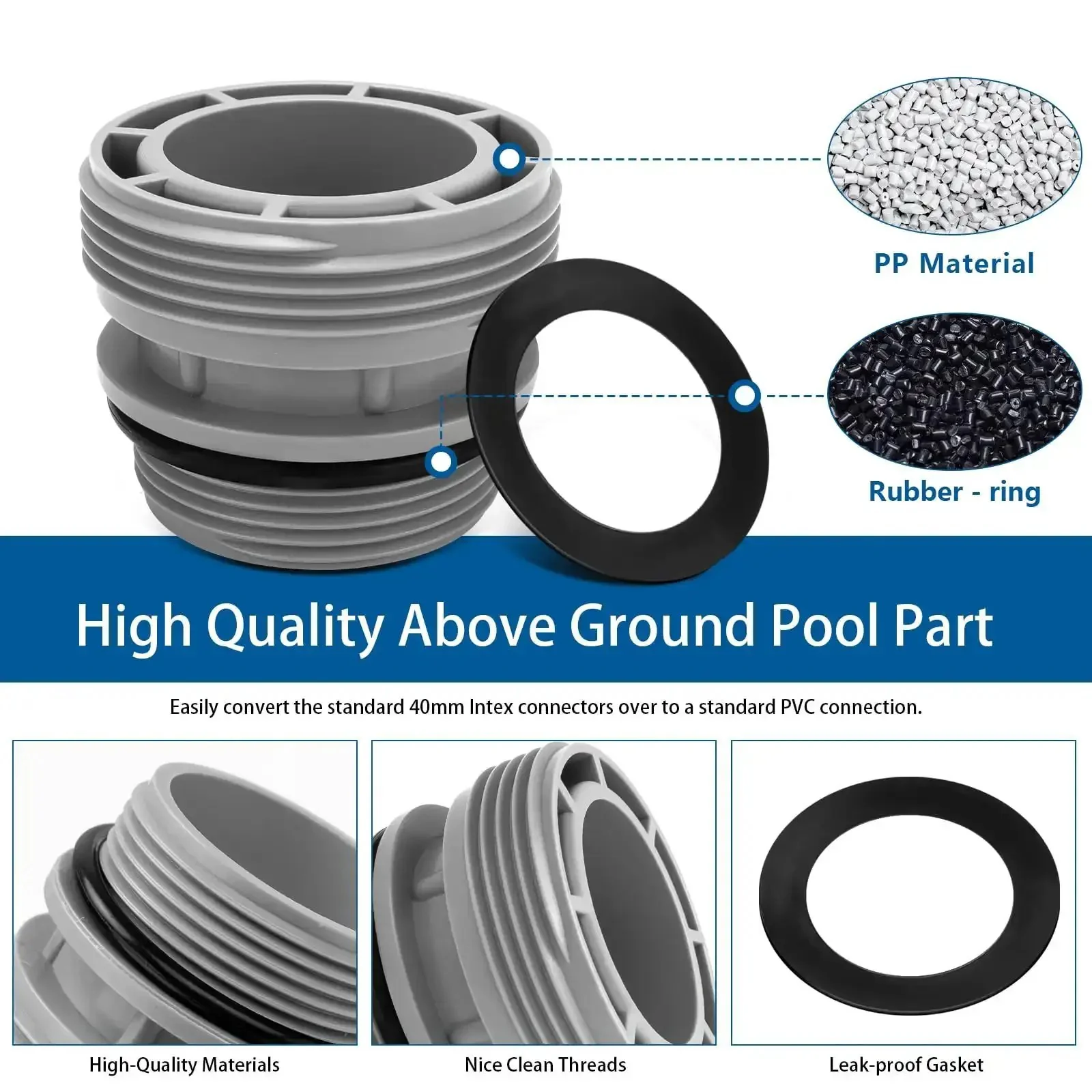 40mm To One And One Half Inch Pool Hose Adapter Kit For Attaching 40mm Hoses To Hayward Filter Pumps, No Hassle Quick Connect, Leak Free Above Ground Pool Connections, 4 Pack, Grey - Image 4