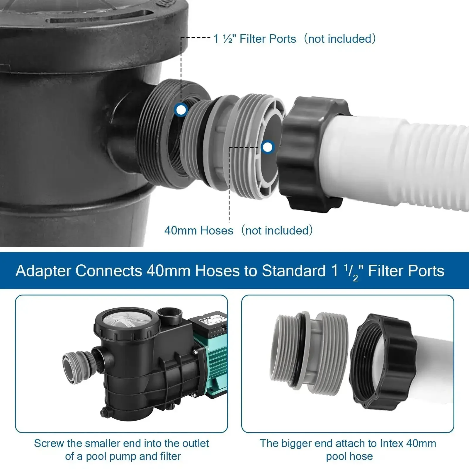 40mm To One And One Half Inch Pool Hose Adapter Kit For Attaching 40mm Hoses To Hayward Filter Pumps, No Hassle Quick Connect, Leak Free Above Ground Pool Connections, 4 Pack, Grey - Image 5