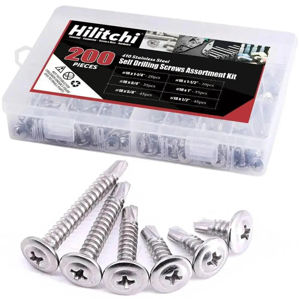 410 Stainless Steel Self Drilling Screws Kit For Metal With Wafer Head Phillips Drive Six Size Assortment From Ten By Half Inch To Ten By One And A Half Inch 200 Count Pack For Sheet Metal Tek Screws
