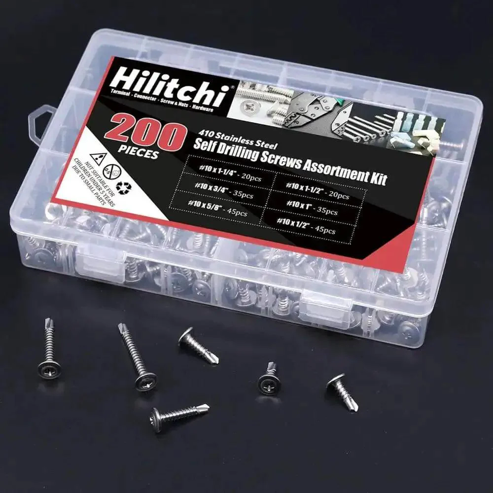 410 Stainless Steel Self Drilling Screws Kit For Metal With Wafer Head Phillips Drive Six Size Assortment From Ten By Half Inch To Ten By One And A Half Inch 200 Count Pack For Sheet Metal Tek Screws - Image 6