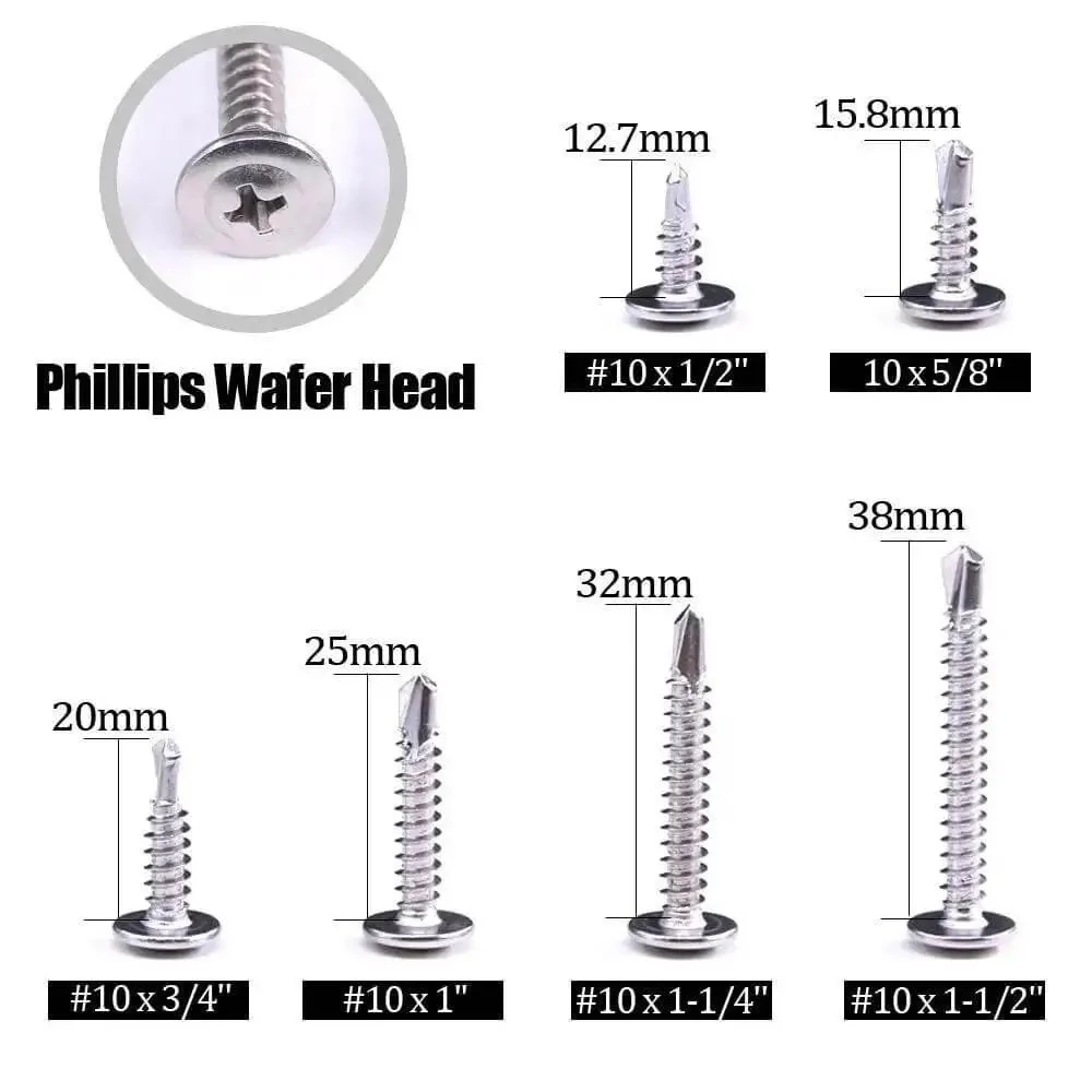 410 Stainless Steel Self Drilling Screws Kit For Metal With Wafer Head Phillips Drive Six Size Assortment From Ten By Half Inch To Ten By One And A Half Inch 200 Count Pack For Sheet Metal Tek Screws - Image 7