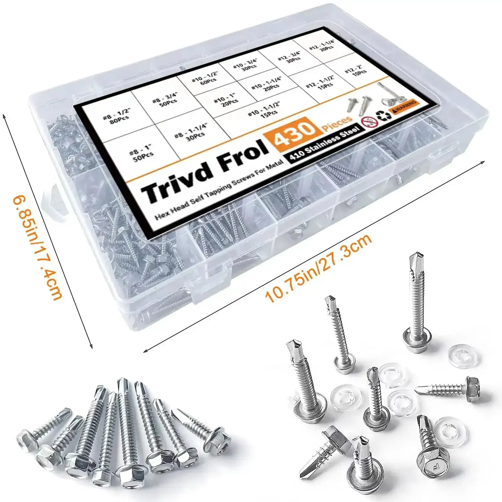 410 Stainless Steel TEK Self Tapping Screws Assortment For Metal Self Drilling Hex Head 430 Piece Pack 13 Sizes From Size 8 To Size 12 Half Inch To Two Inches Length Durable Corrosion Resistant Metalworking Kit - Image 2