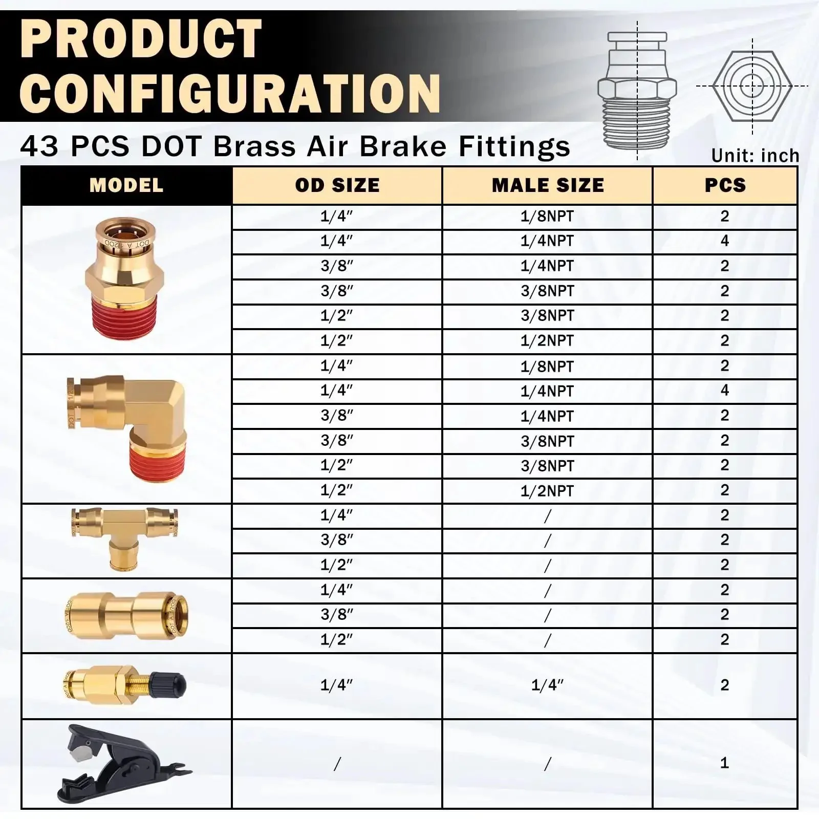 43 Piece Brass DOT Air Brake Fitting Kit With Push To Connect 1/4 In 3/8 In 1/2 In Quick Connect And NPT Thread Tubing Fittings For Truck And Industrial Air Systems Pro Grade - Image 5