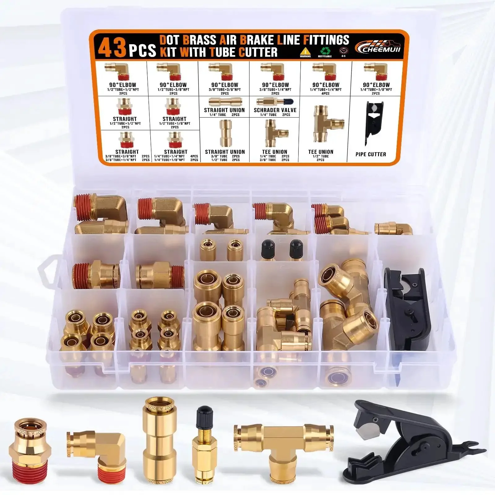 43 Piece Brass DOT Air Brake Fitting Kit With Push To Connect 1/4 In 3/8 In 1/2 In Quick Connect And NPT Thread Tubing Fittings For Truck And Industrial Air Systems Pro Grade - Image 6
