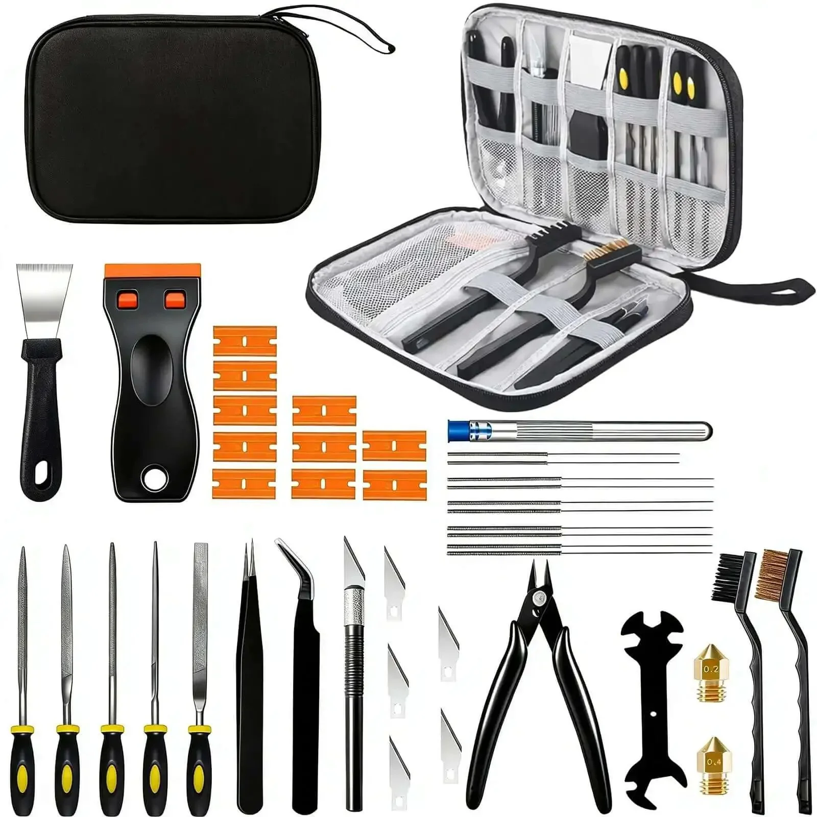 43-Piece Pro 3D Printer Tools Kit With Grab-And-Go All-In-One Maintenance And Cleaning Set For FDM And SLA Printers Includes Nozzle Cleaners Scrapers Brushes Wire Cutters Engraving Knife Files And More