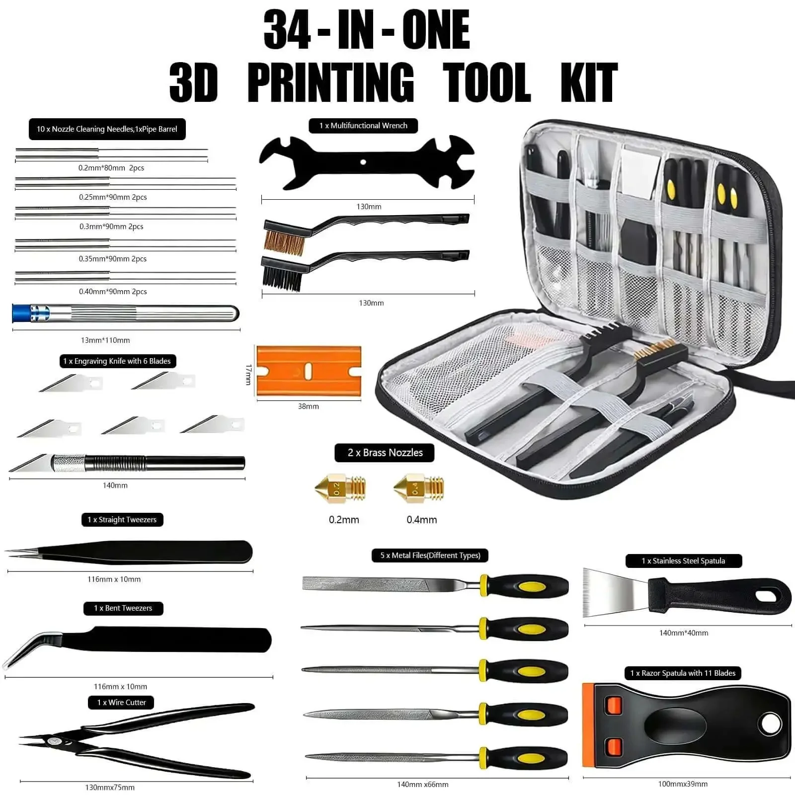 43-Piece Pro 3D Printer Tools Kit With Grab-And-Go All-In-One Maintenance And Cleaning Set For FDM And SLA Printers Includes Nozzle Cleaners Scrapers Brushes Wire Cutters Engraving Knife Files And More - Image 7