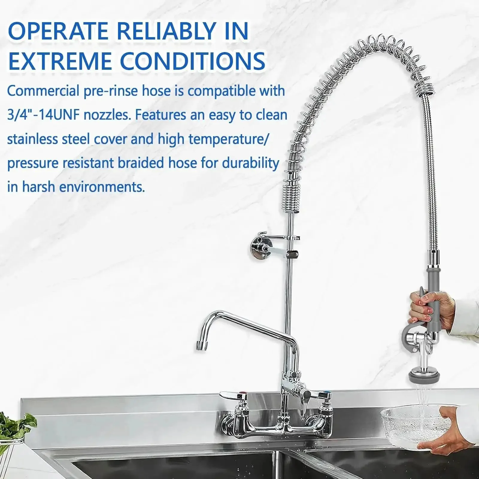 44 Inch Commercial Sink Sprayer Hose With Universal One Half Inch NPSM Female, Stainless Steel, Heat Resistant Handle, Pro Grade Replacement For Pre Rinse Hoses, Fits Most Commercial Faucets And 44 Inch Setups - Image 2