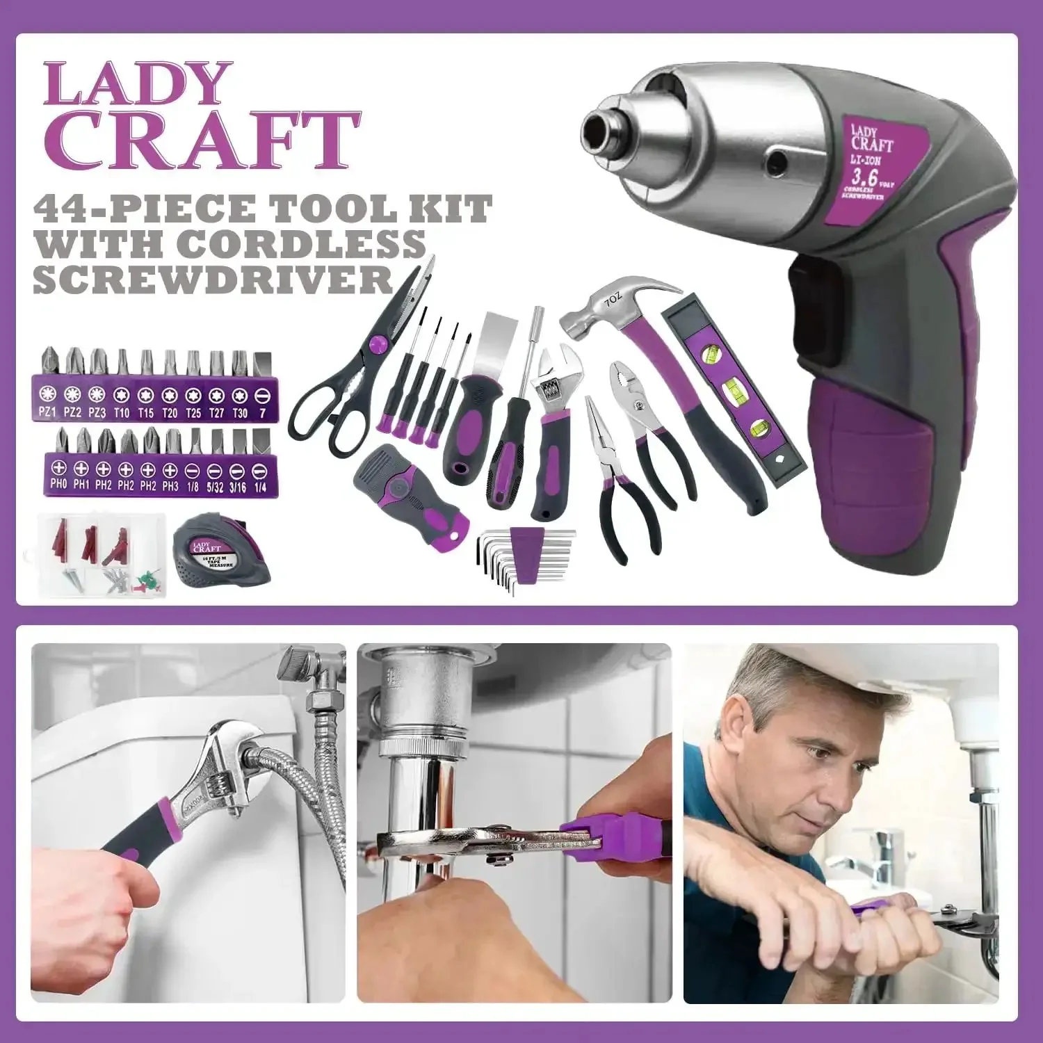 44 Piece 4V Cordless Screwdriver Tool Kit Set in Pink for Women, Includes Storage Case, Home Repair Essentials, Handy DIY Kit, Gift Set for Her, Lady Tools Collection Ladycraft - Image 4