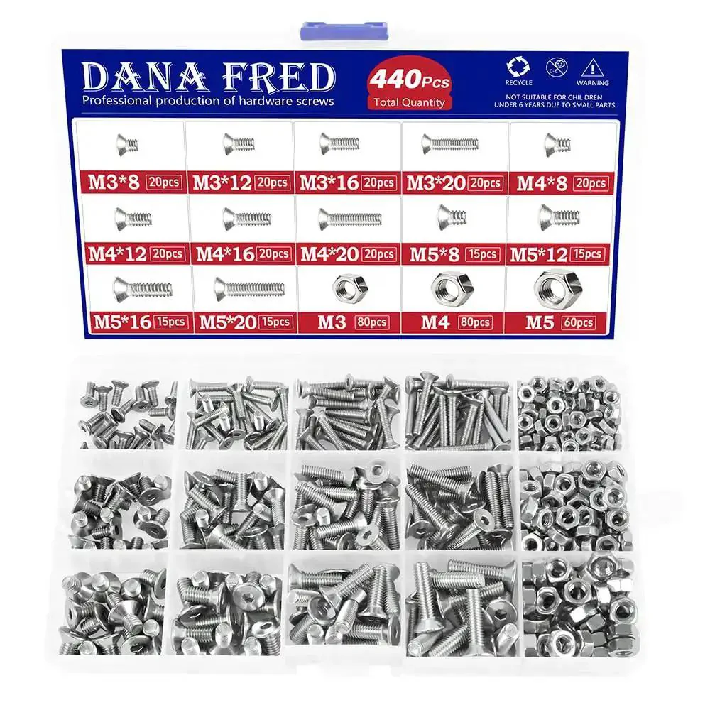 440 Piece Flat Hex Socket Head Cap Screws Kit In 304 Stainless Steel M3 M4 M5 Metric Threads With Countersunk Allen Drive Bolts And Nuts Perfect For DIY Projects And Heavy Duty Fix Ups All Purpose Metric Fastener Hardware Assortment