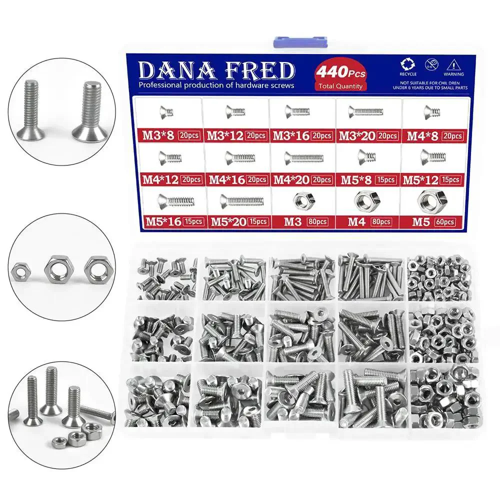 440 Piece Flat Hex Socket Head Cap Screws Kit In 304 Stainless Steel M3 M4 M5 Metric Threads With Countersunk Allen Drive Bolts And Nuts Perfect For DIY Projects And Heavy Duty Fix Ups All Purpose Metric Fastener Hardware Assortment - Image 2