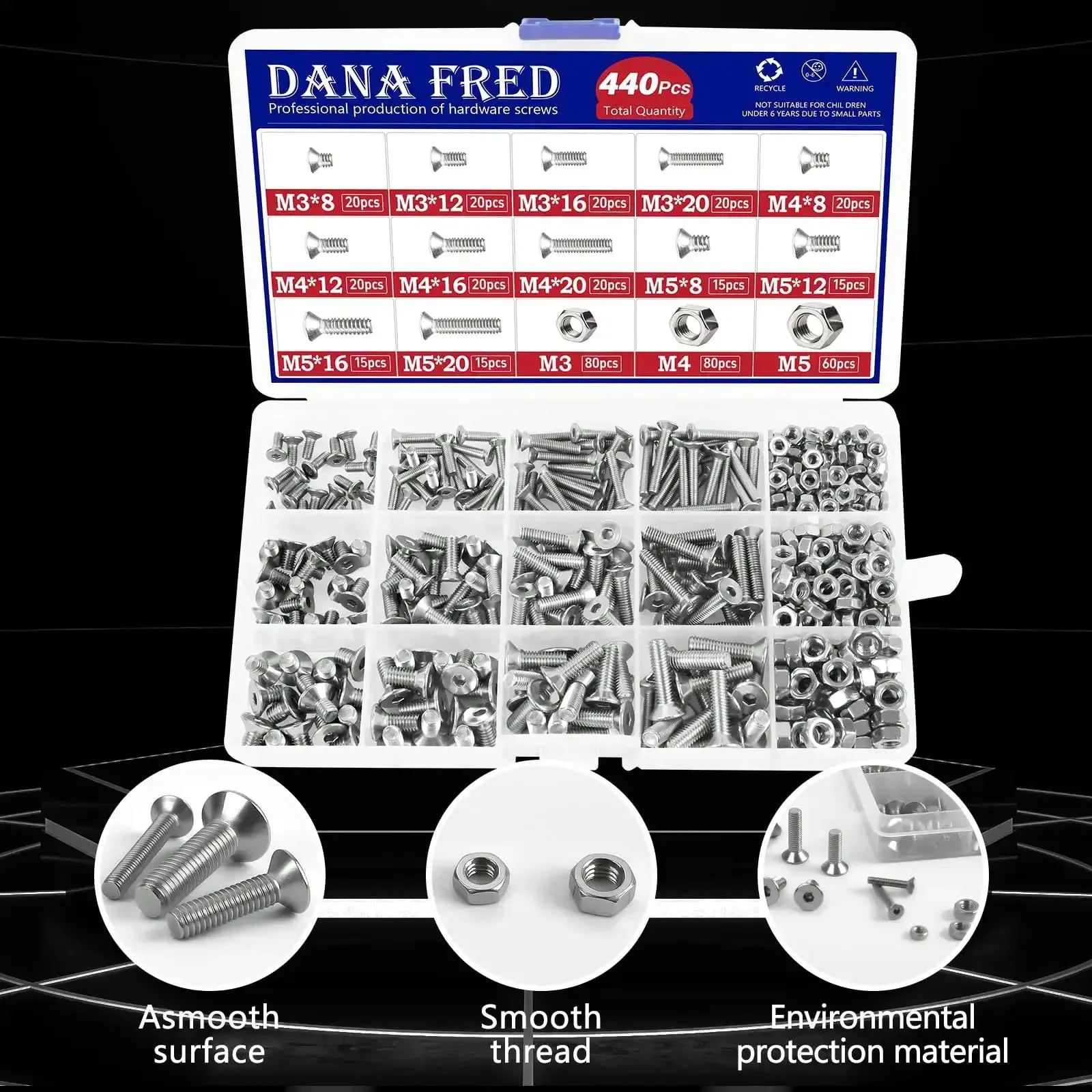 440 Piece Flat Hex Socket Head Cap Screws Kit In 304 Stainless Steel M3 M4 M5 Metric Threads With Countersunk Allen Drive Bolts And Nuts Perfect For DIY Projects And Heavy Duty Fix Ups All Purpose Metric Fastener Hardware Assortment - Image 7
