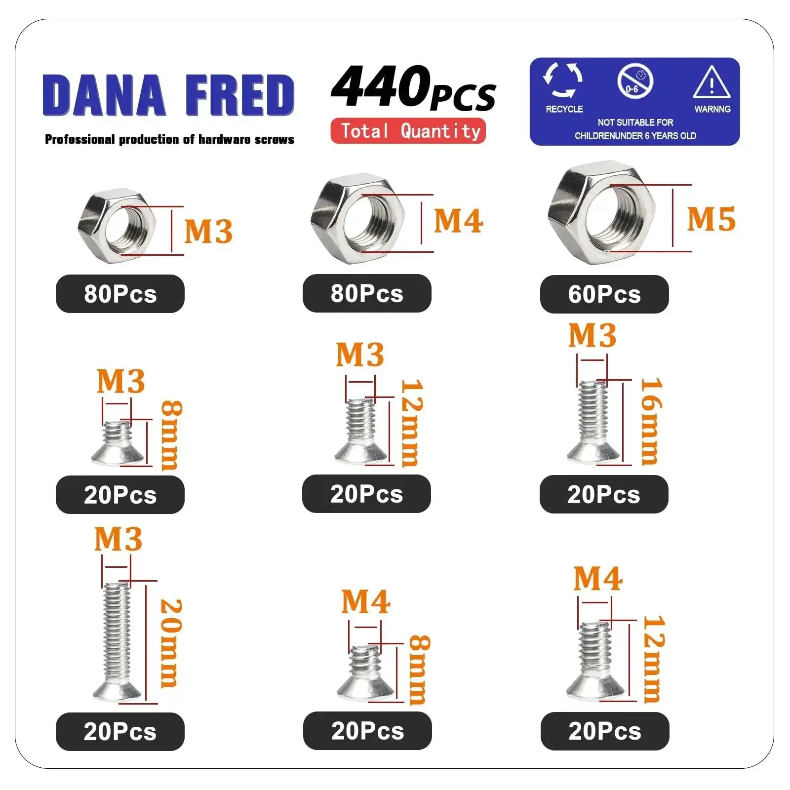 440 Piece Flat Hex Socket Head Cap Screws Kit In 304 Stainless Steel M3 M4 M5 Metric Threads With Countersunk Allen Drive Bolts And Nuts Perfect For DIY Projects And Heavy Duty Fix Ups All Purpose Metric Fastener Hardware Assortment - Image 9
