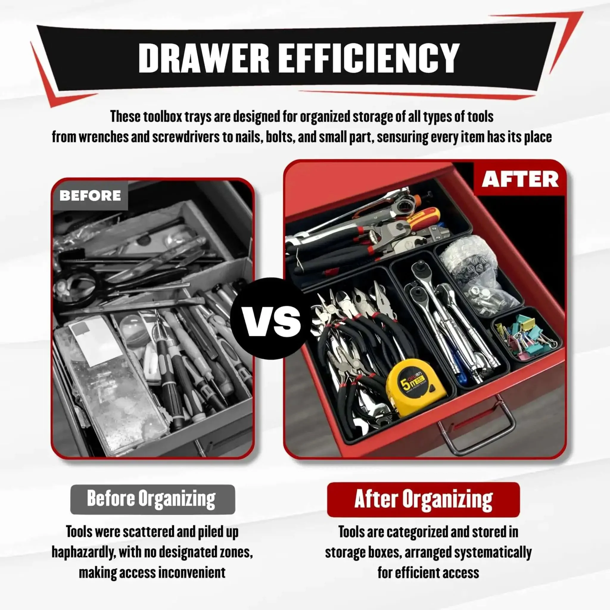 46 Piece Toolbox Organizer Tray Divider Set For Tool Chests, Drawers And Workbenches, Garage Storage Solution For Small Parts And Tools, Perfect Tool Cart Accessories For DIYers And Pros, Ultra Efficient Organization - Image 5