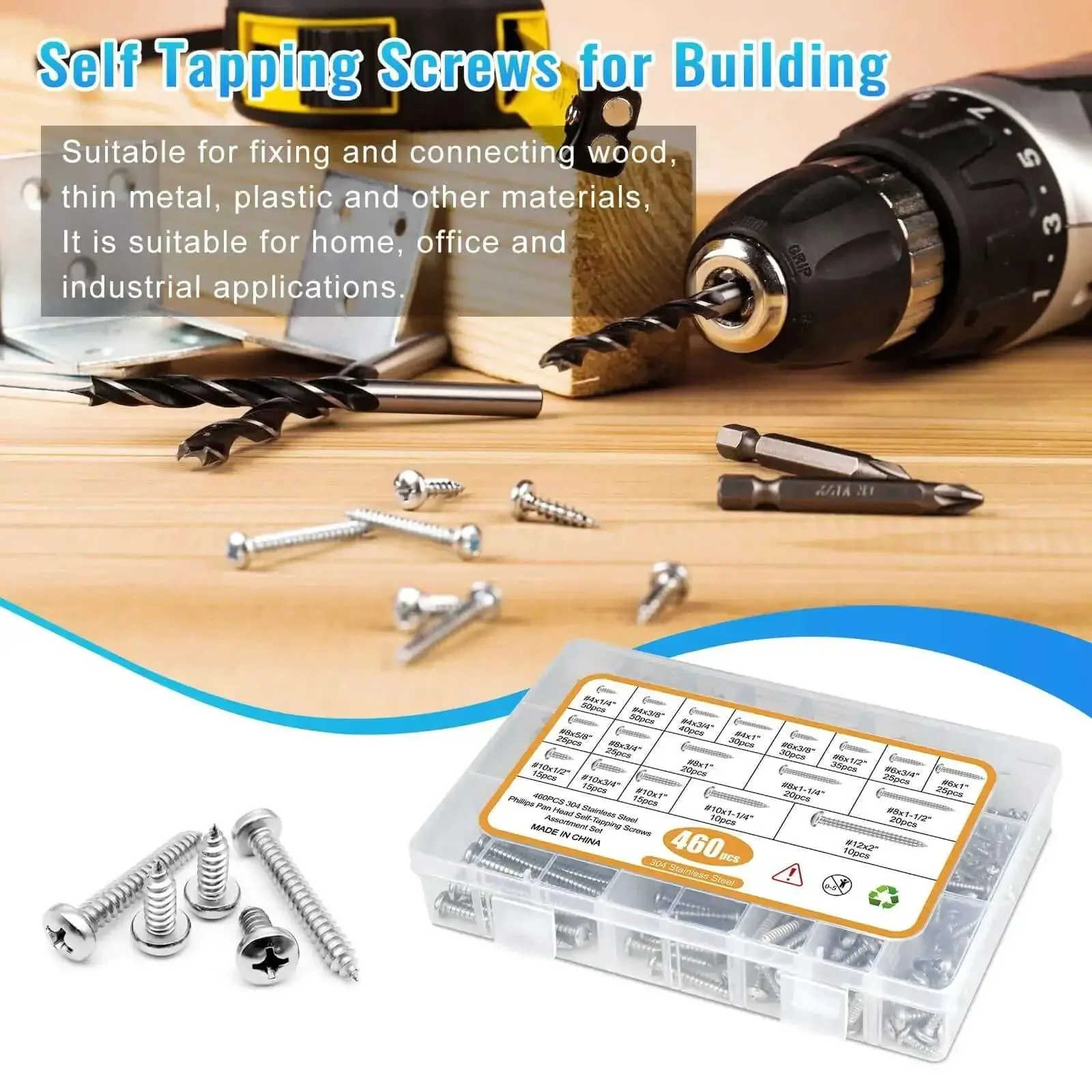 460Pcs Stainless Steel Wood Screws Kit With 18 Sizes Self Tapping Pan Head Screws For Wood Deck Drywall Concrete One Quarter Inch To Two Inch Assortment Set 304 Stainless Corrosion Resistant Heavy Duty - Image 7