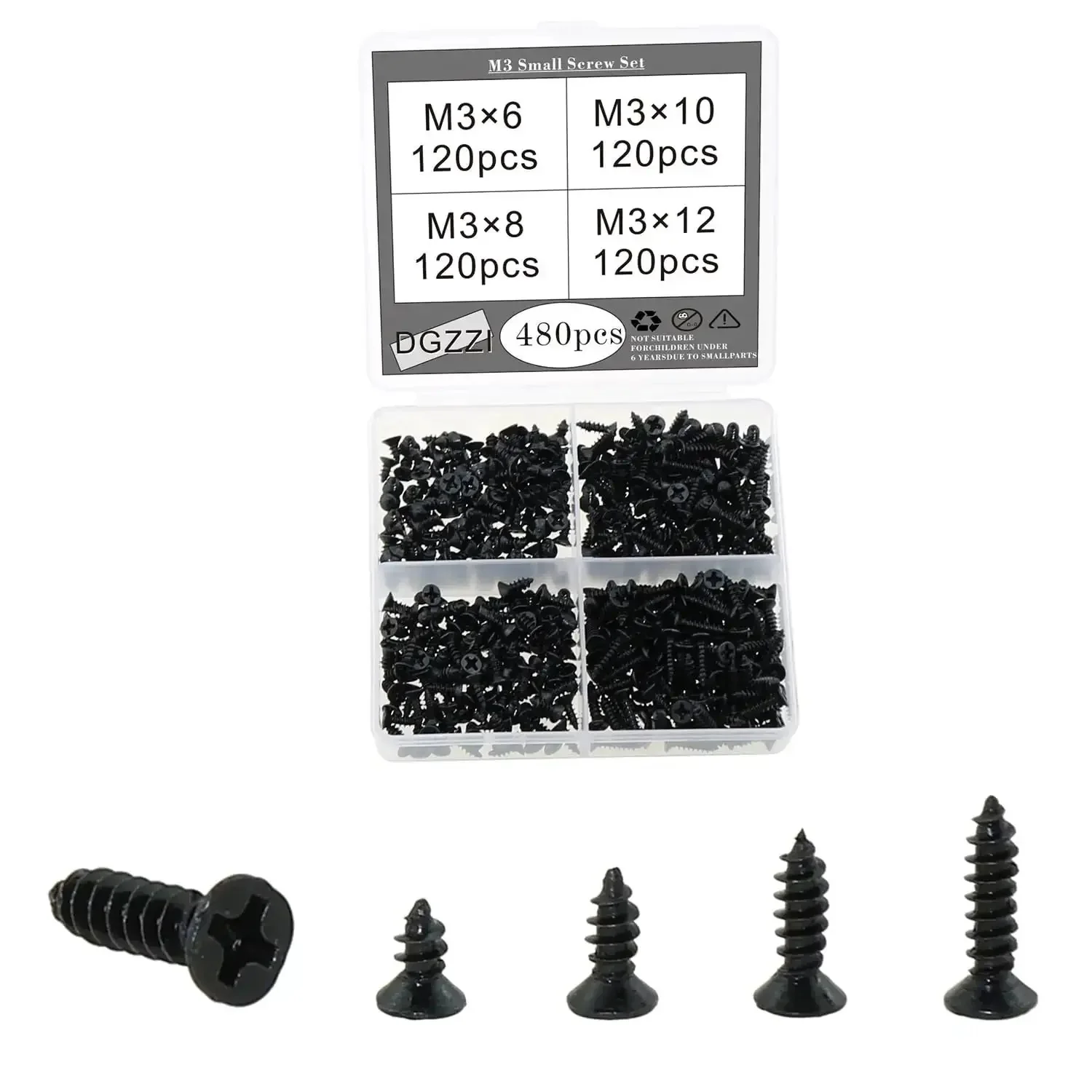 480Pcs M3 Phillips Flat Head Self Tapping Wood Screws Set For DIY Projects Black Carbon Steel With Deep Threads And No Burrs, Perfect For Woodworking Gardening Architecture And Craft Making Includes M3x6 And M3x8