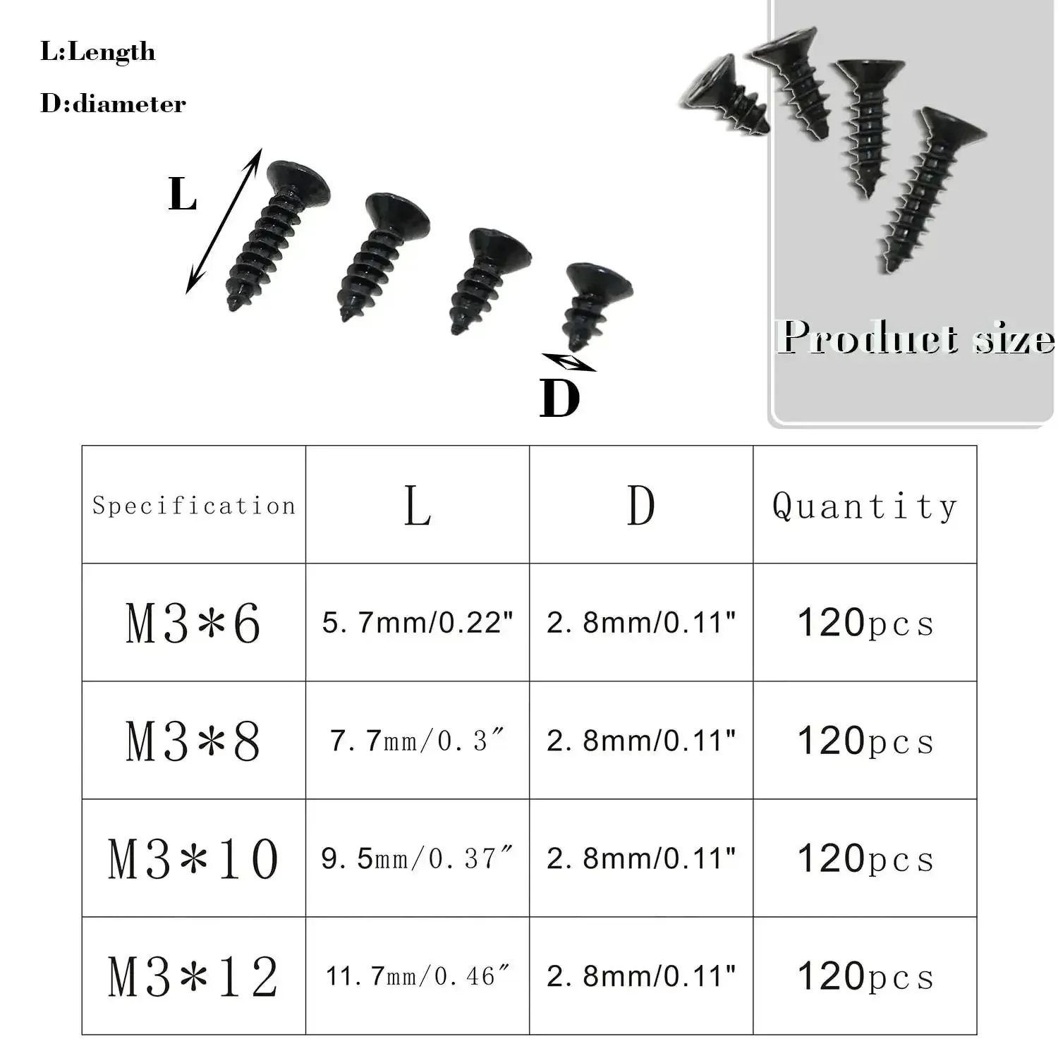 480Pcs M3 Phillips Flat Head Self Tapping Wood Screws Set For DIY Projects Black Carbon Steel With Deep Threads And No Burrs, Perfect For Woodworking Gardening Architecture And Craft Making Includes M3x6 And M3x8 - Image 4