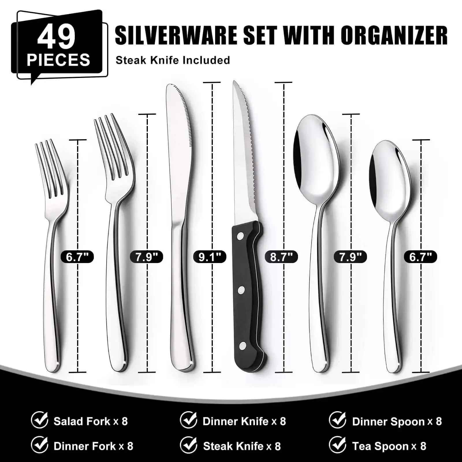 49 Piece Silverware Set With Drawer Organizer For 8 People Built Tough For Everyday Home Use Heavy Duty Cutlery With Steak Knives Rust Proof Mirror Polished And Dishwasher Safe - Image 6