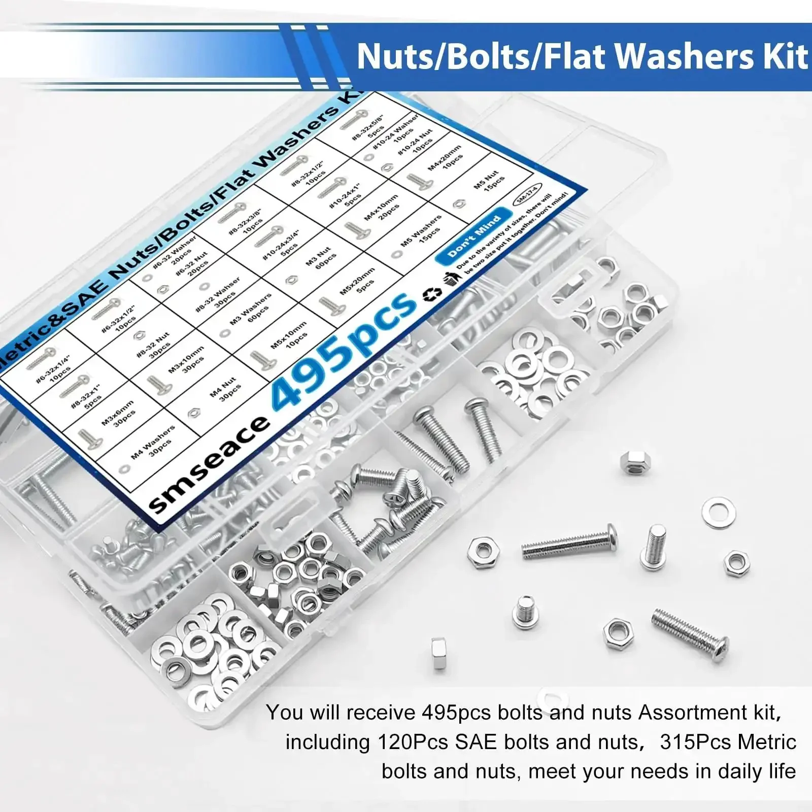 495 Pcs SAE And Metric Nuts And Bolts Kit With 26 Sizes M3 M4 M5 To 10 To 24 Pan Head Fasteners And Washers For Machinery Furniture Automotive Motorcycle Repair Pro Grade Heavy Duty - Image 3