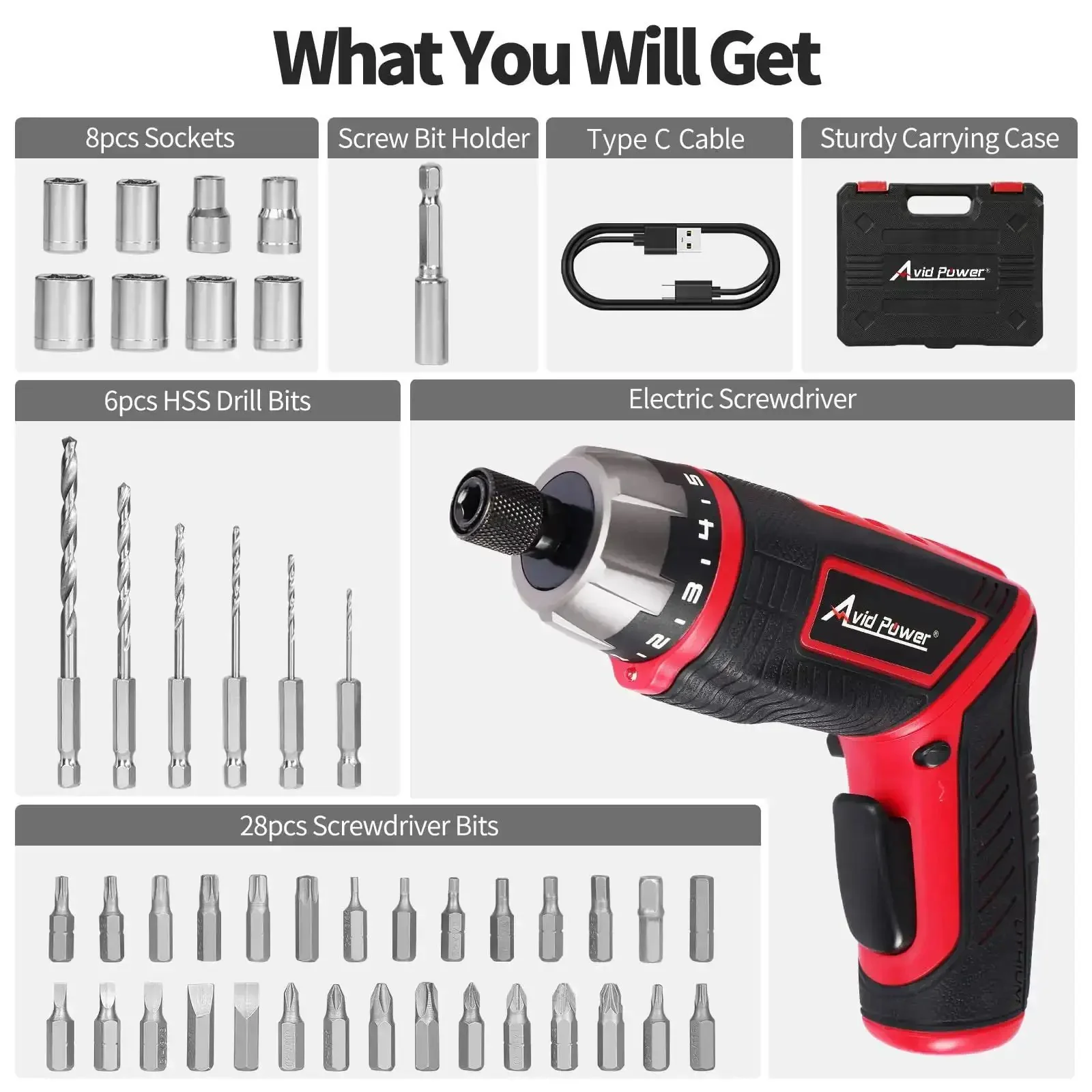 4V Cordless Screwdriver Kit With 44 Accessories, 5.65Nm Torque, 200 RPM, 5 Plus 1 Torque Settings, Dual Position Handle And LED Light, Rechargeable Mini Power Drill For DIY Projects, Lightweight And Easy To Use - Image 2