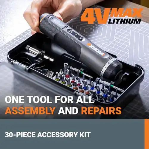 4V Lithium Cordless Screwdriver Kit With 30 Piece Accessory Pack, Easy To Use Electric Driver For Home DIY Projects, Furniture Assembly, Repairs, And Light Professional Work, Rechargeable Battery, Black And Silver - Image 9