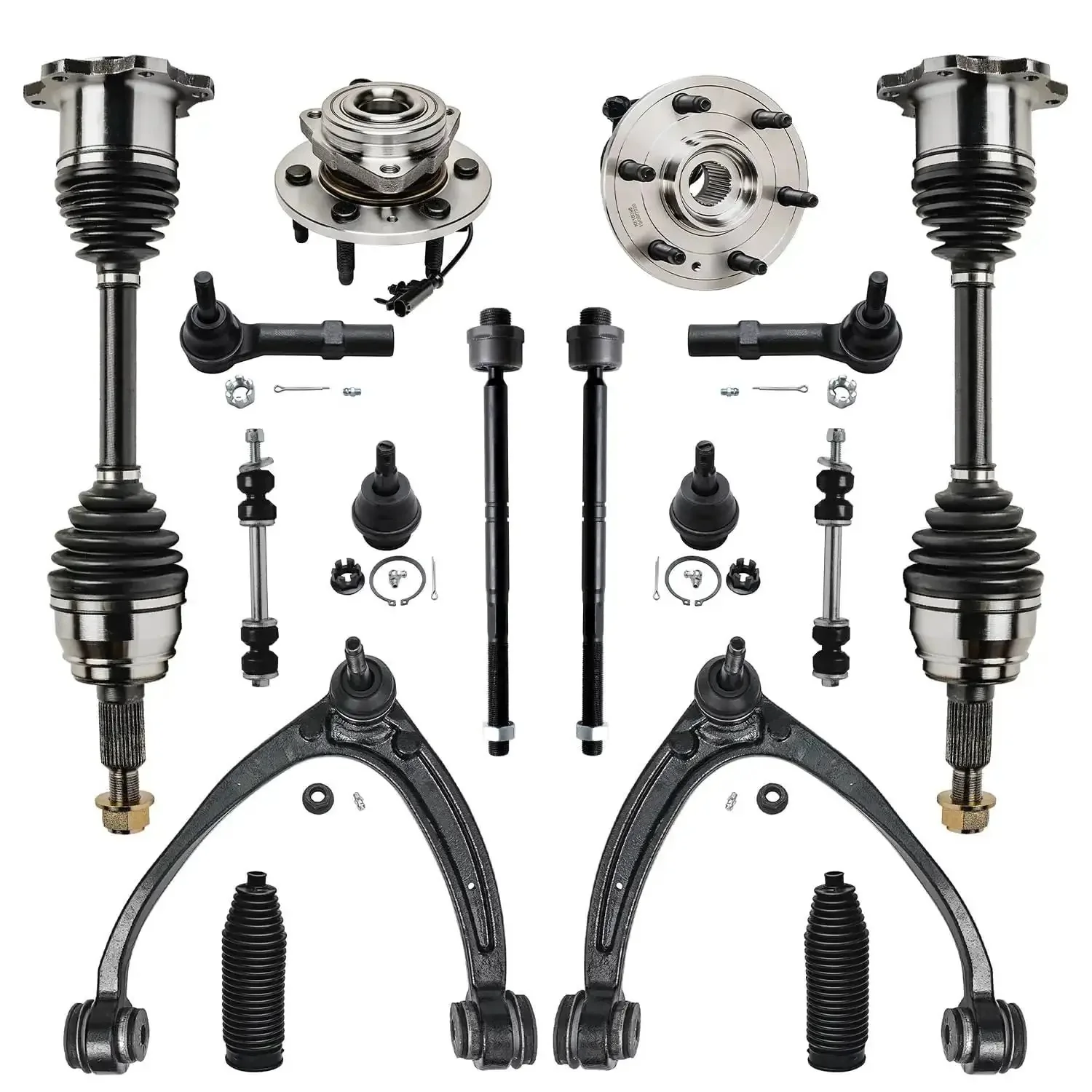 4WD Front End 16Pc Suspension Kit For Chevy Silverado Sierra GMC Yukon XL Suburban Tahoe Avalanche Escalade ESV EXT Replacement Upper Control Arms Wheel Bearing Hubs And CV Axles