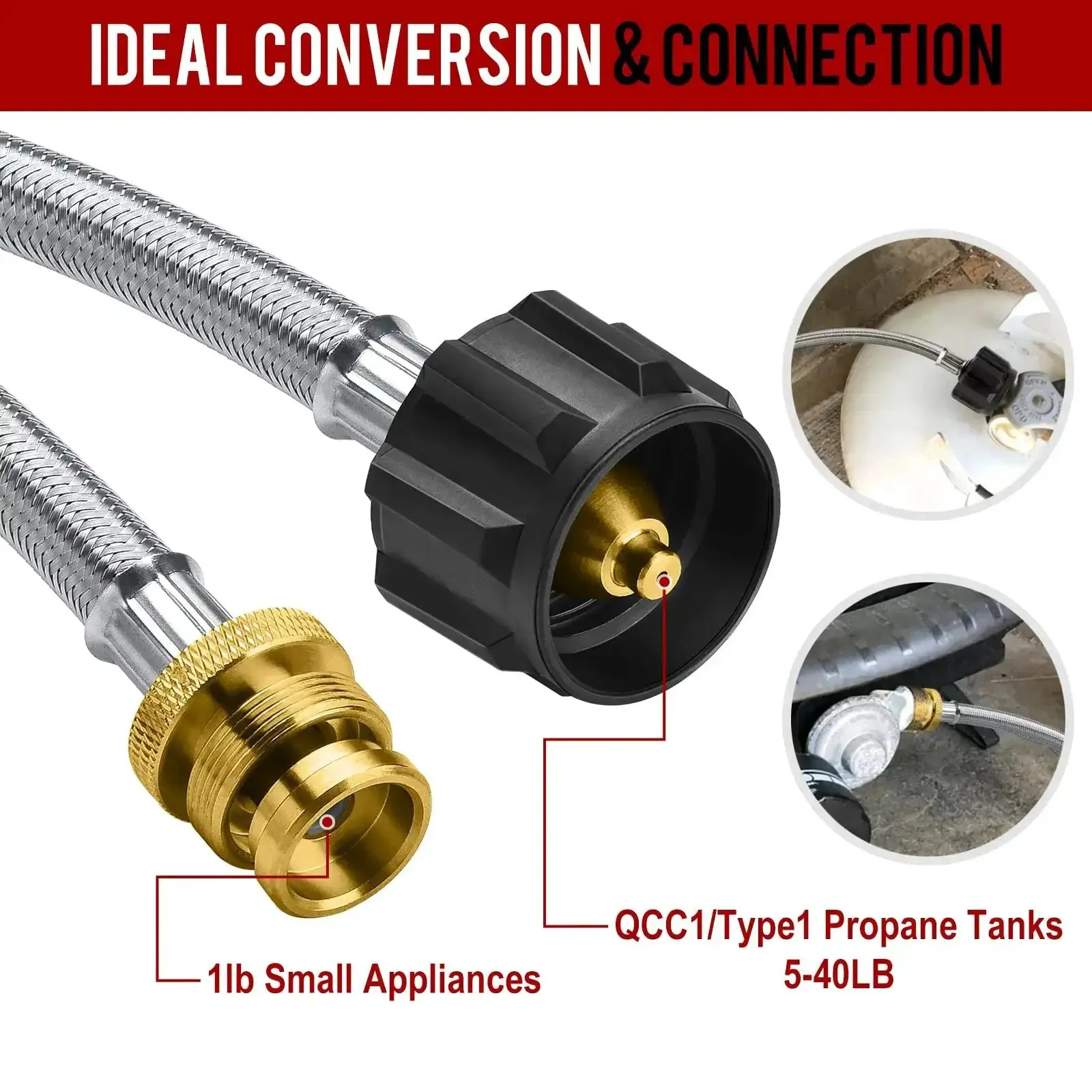 5 Foot Stainless Braided Propane Hose Adapter Converts 1Lb To 20Lb For Buddy Heaters And Grills Easy Hookup For Weber Q Grills Coleman Stoves Blackstone Griddles Heavy Duty 1 To 20 Pound Propane Converter - Image 5