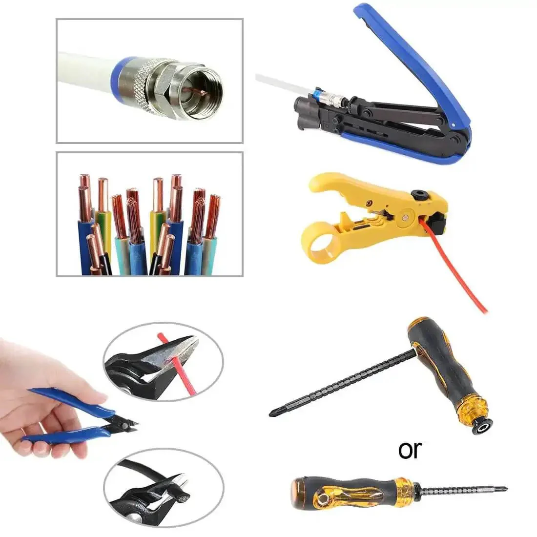 5 In 1 Pro Grade Coaxial Compression Tool Kit With Crimper And Cable Stripper Includes RG6 RG59 RG11 10 Piece F Connectors Durable Steel And Plastic Construction Blue - Image 2