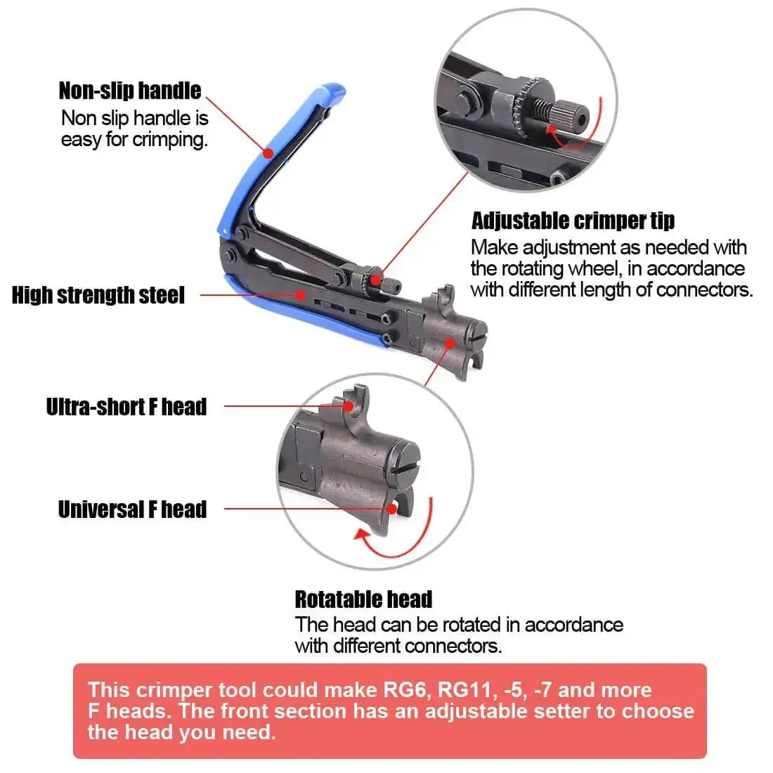 5 In 1 Pro Grade Coaxial Compression Tool Kit With Crimper And Cable Stripper Includes RG6 RG59 RG11 10 Piece F Connectors Durable Steel And Plastic Construction Blue - Image 4
