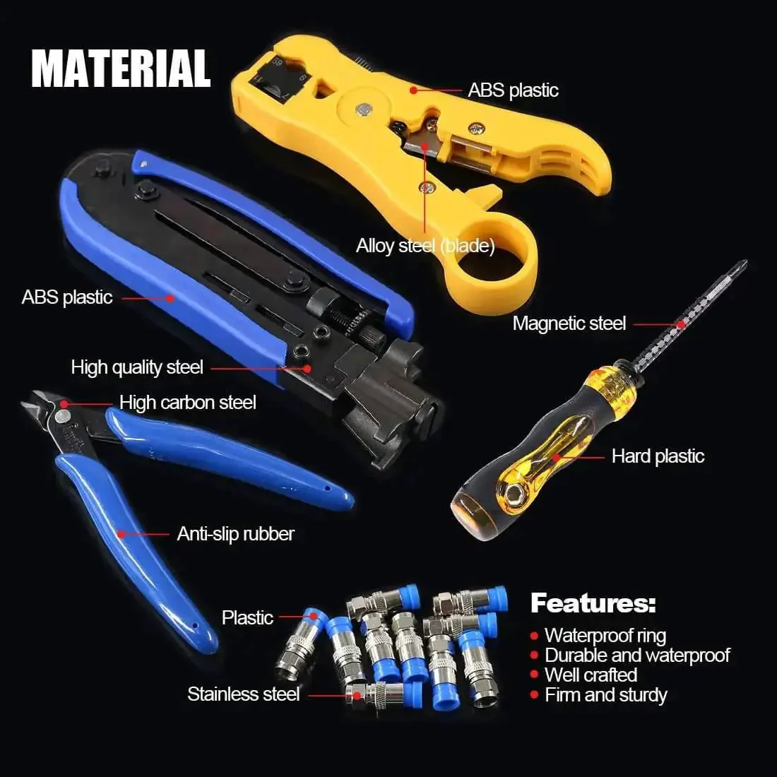 5 In 1 Pro Grade Coaxial Compression Tool Kit With Crimper And Cable Stripper Includes RG6 RG59 RG11 10 Piece F Connectors Durable Steel And Plastic Construction Blue - Image 6