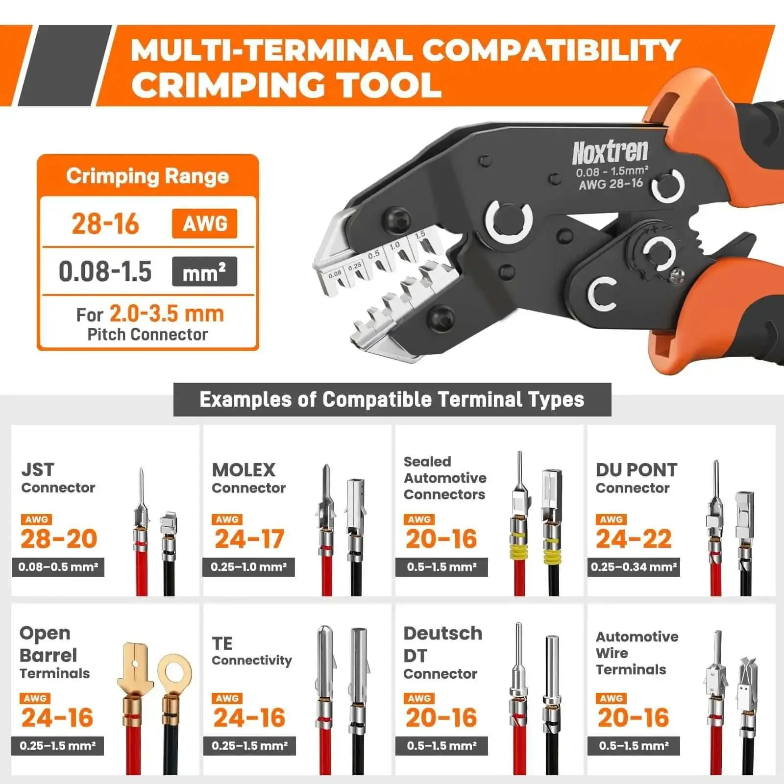 5-In-1 Wire Crimping Tool Ratcheting Crimper For AWG 28-16 Non-Insulated Open Barrel Terminals Fits Deutsch Delphi AMP JST DuPont Molex TE And Other Automotive Wire Connectors - Image 7