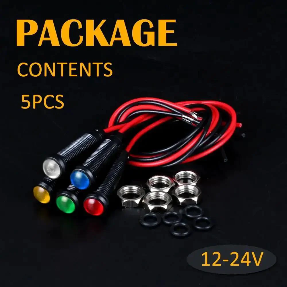 5 Pack 6mm LED Indicator Lights Black Plastic Signal Dots 12V To 24V With 1 Quarter Inch Mounting Hole And 15 Cm Wire Length Mixed Colors Red White Yellow Green Blue - Image 2