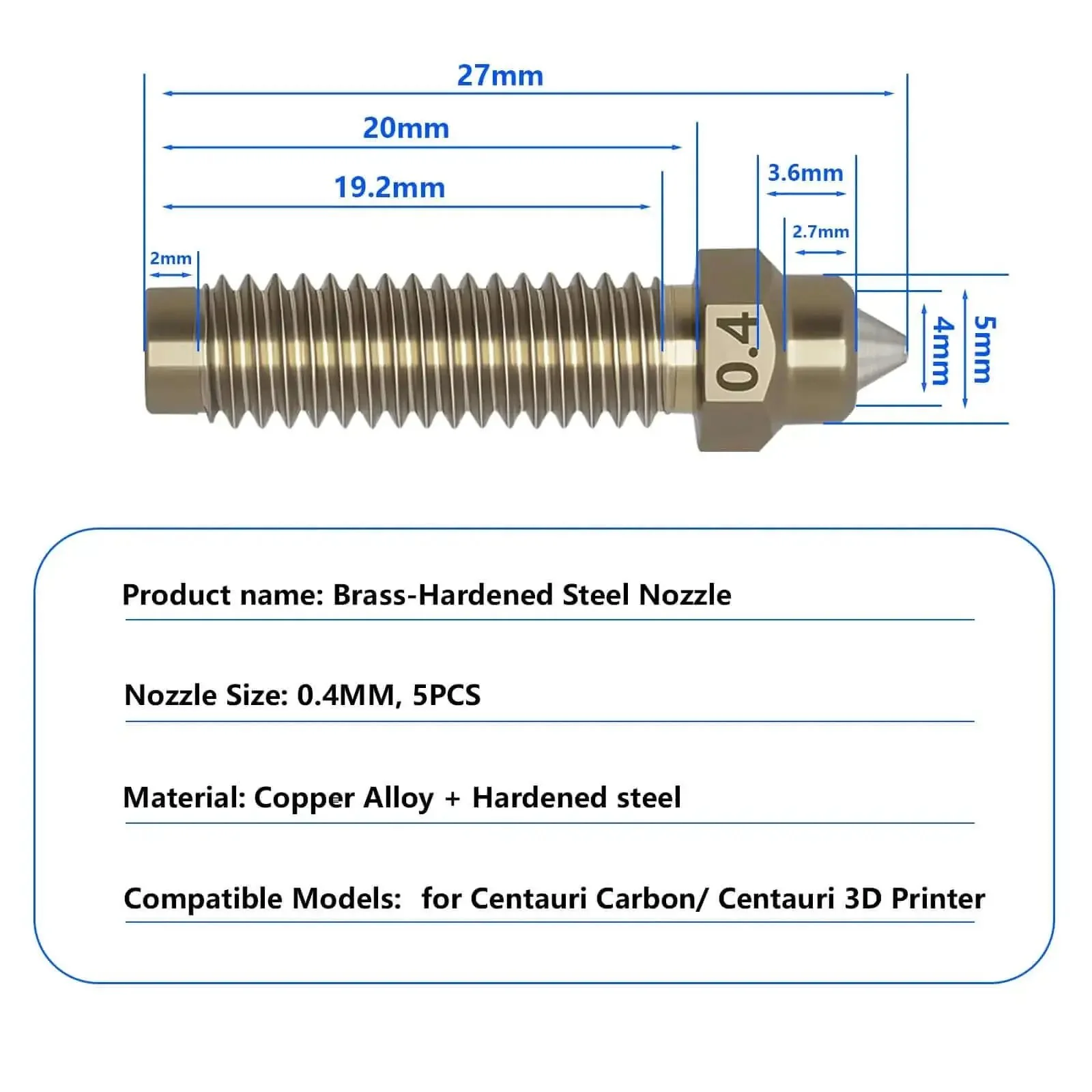 5 Pack Brass Hardened Steel Nozzles For Centauri Carbon And Centauri 3D Printer, 0.4mm, High Temperature Wear Resistant Hotend Nozzles, 320C Thermal Conductivity For Fast Heating And Long Lasting Prints - Image 8