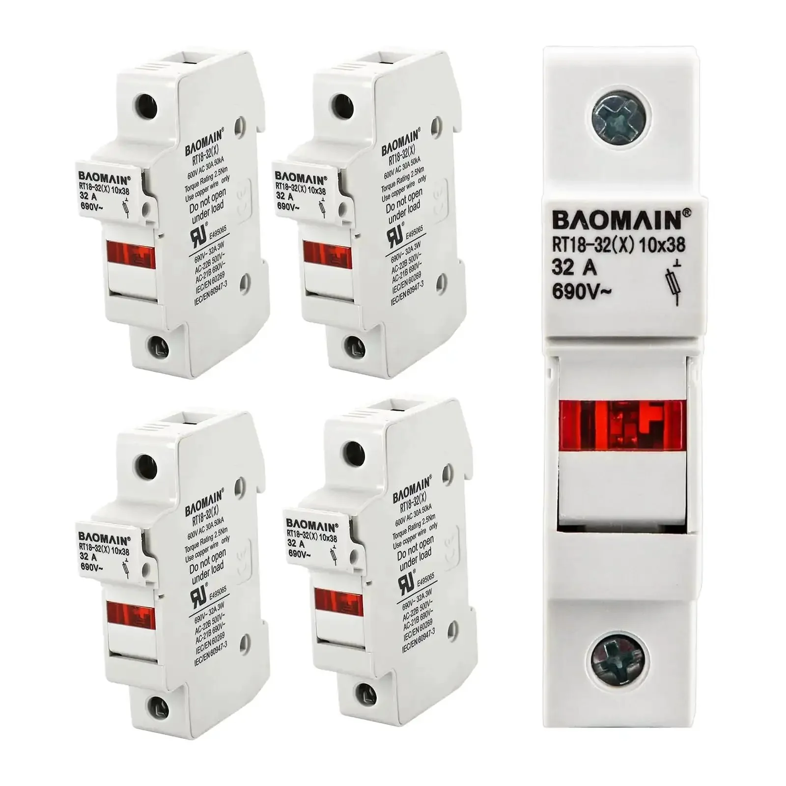 5 Pack RT18 32 X 1P DIN Rail Fuse Holder 32A 690V AC Cylindrical Base For 10x38mm Fuses With LED Indicator Light UL CE Certified Single Pole Boss Level Protection For Control Panels And Power Distribution