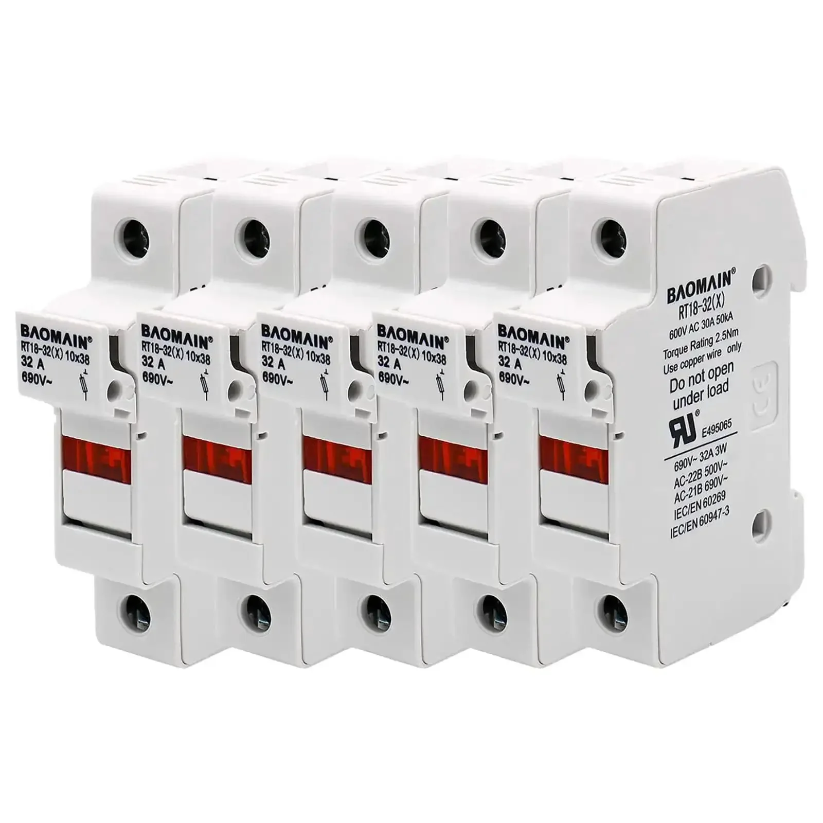 5 Pack RT18 32 X 1P DIN Rail Fuse Holder 32A 690V AC Cylindrical Base For 10x38mm Fuses With LED Indicator Light UL CE Certified Single Pole Boss Level Protection For Control Panels And Power Distribution - Image 2