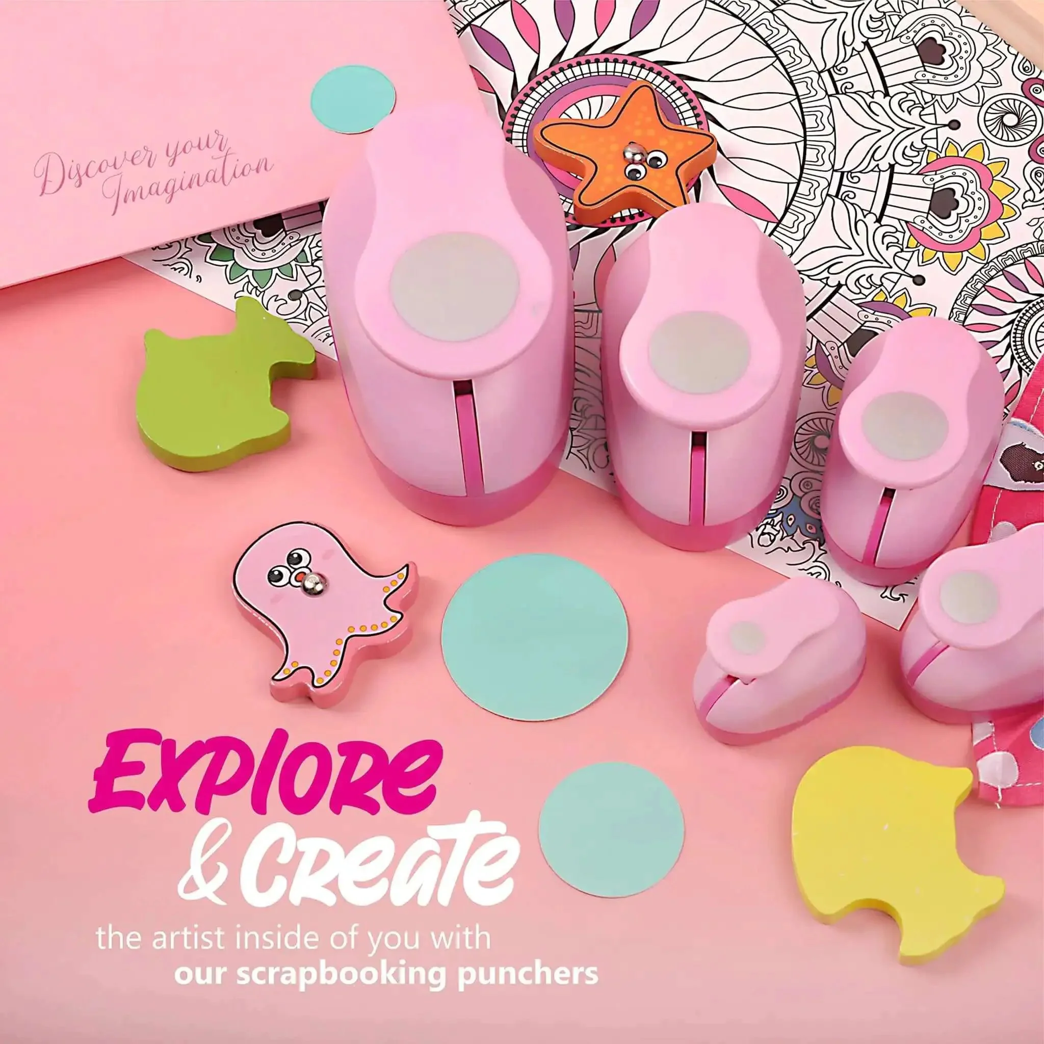 5 Piece Craft Hole Punch Set For Scrapbooking And Card Making, Ergonomic Spring Action Paper Punches In Pink Circle Shapes, Great For DIY Albums Photos Office Crafts Projects And Handmade Decor - Image 6