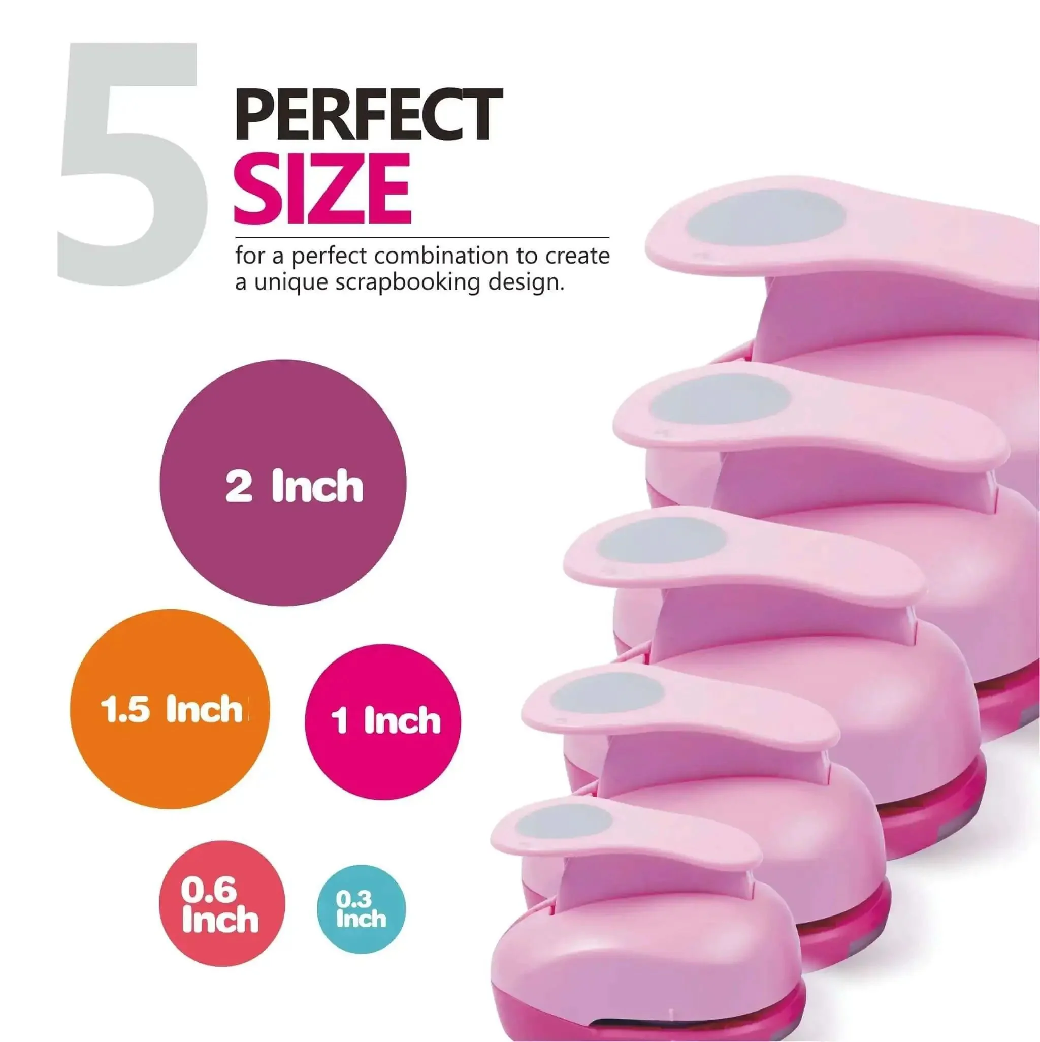 5 Piece Craft Hole Punch Set For Scrapbooking And Card Making, Ergonomic Spring Action Paper Punches In Pink Circle Shapes, Great For DIY Albums Photos Office Crafts Projects And Handmade Decor - Image 8