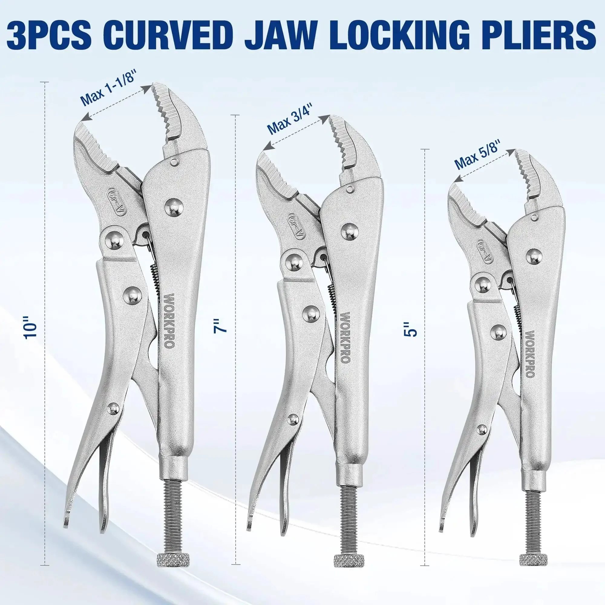 5 Piece Locking Pliers Set With Chrome-Vanadium Steel, Curved Jaw Vice Grips And Long Nose Pliers, 5, 7, 10 Inch Curved Jaw, 6.5 Inch And 9 Inch Long Nose, Quick Release Locking, Built-In Wire Cutter - Image 4