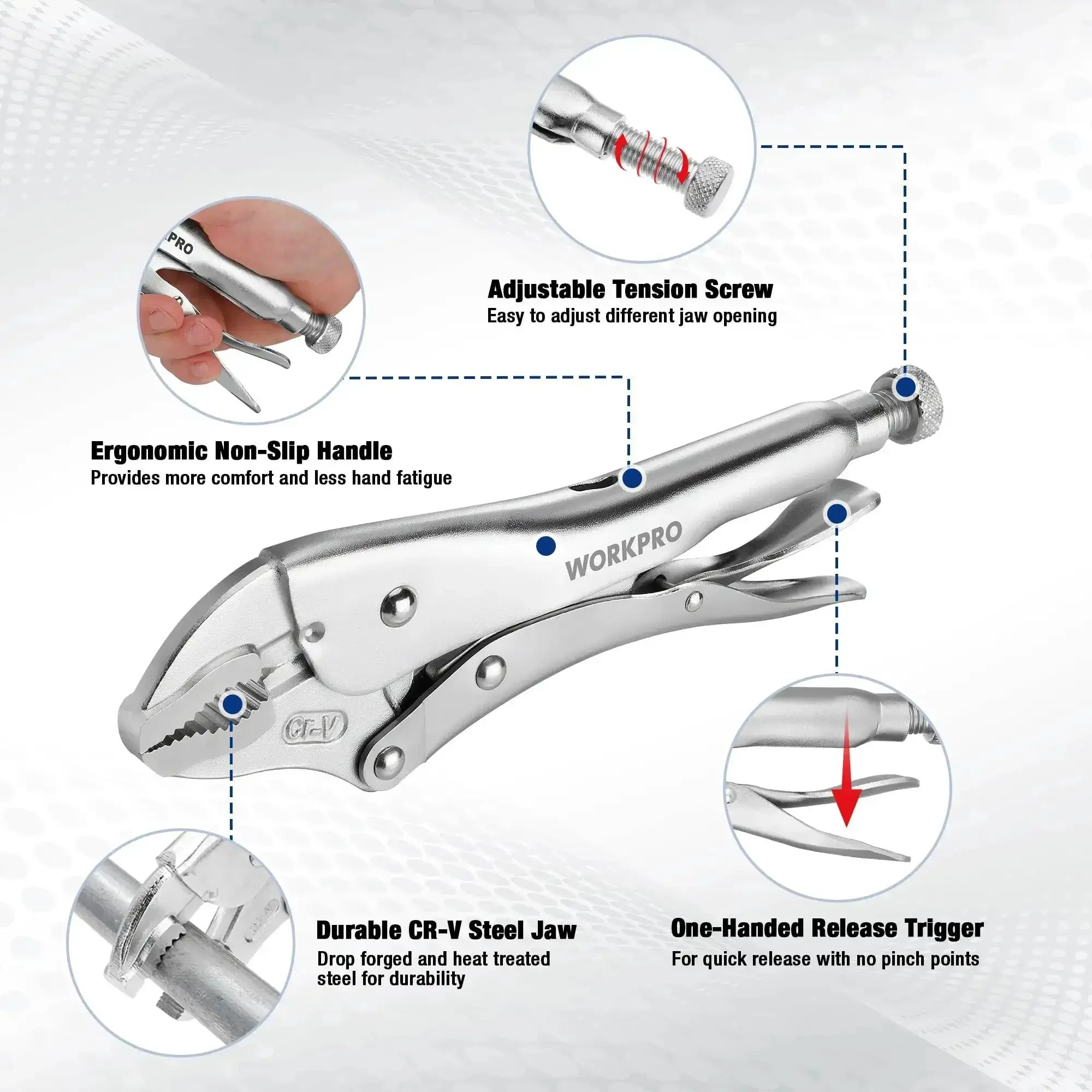5 Piece Locking Pliers Set With Chrome-Vanadium Steel, Curved Jaw Vice Grips And Long Nose Pliers, 5, 7, 10 Inch Curved Jaw, 6.5 Inch And 9 Inch Long Nose, Quick Release Locking, Built-In Wire Cutter - Image 7