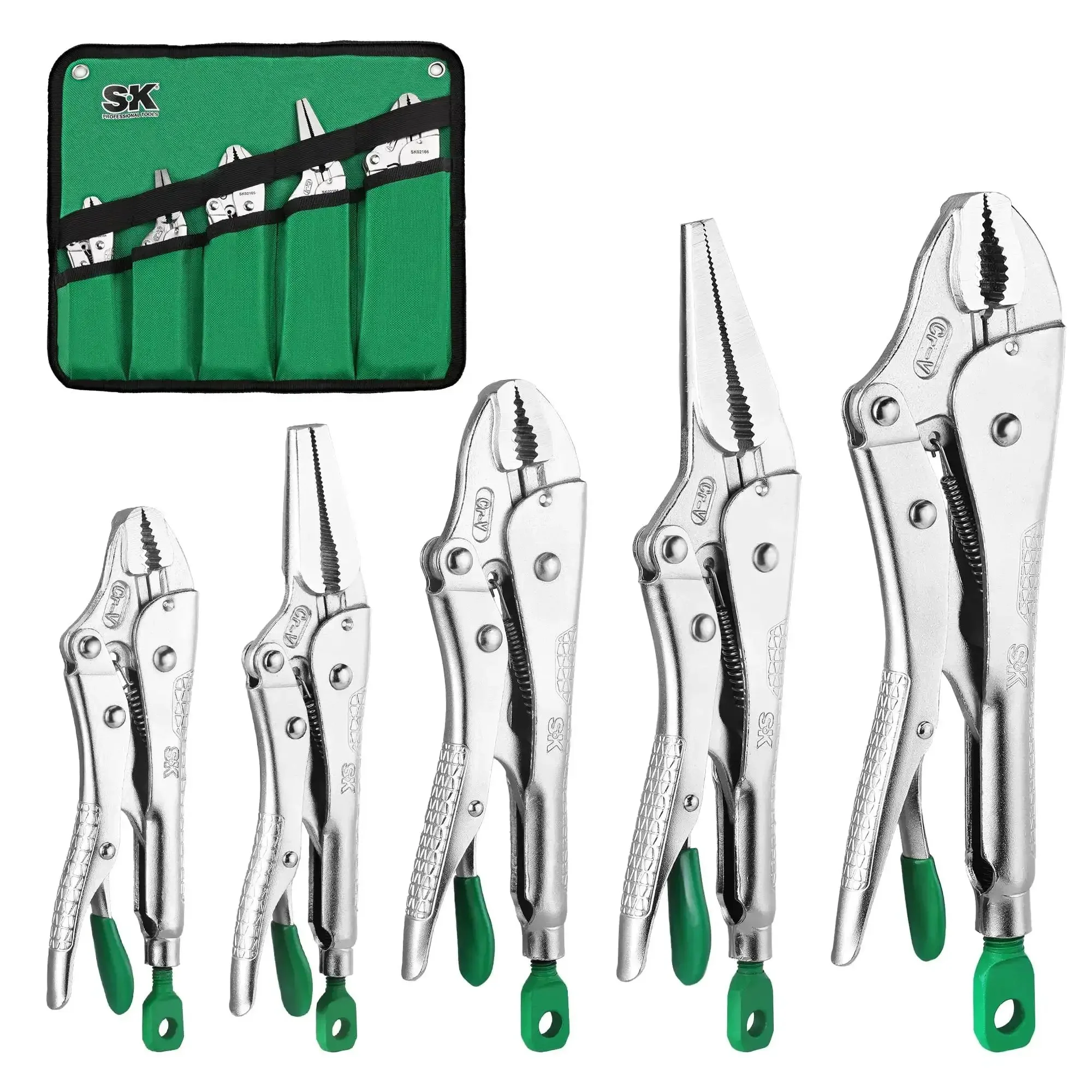 5-Piece Locking Pliers Set With Long Nose And Curved Jaw For Gearhead Projects Premium CR-V Steel Nickel Plated Anti Rust Finish Heat Treated For Strength Ergonomic Anti Slip Handles DIYer Friendly For Welding Or Assembly Rolling Pouch