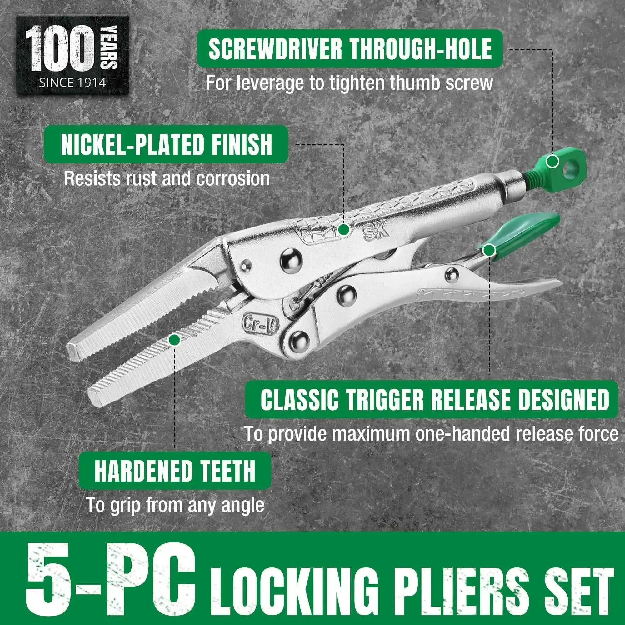 5-Piece Locking Pliers Set With Long Nose And Curved Jaw For Gearhead Projects Premium CR-V Steel Nickel Plated Anti Rust Finish Heat Treated For Strength Ergonomic Anti Slip Handles DIYer Friendly For Welding Or Assembly Rolling Pouch - Image 7