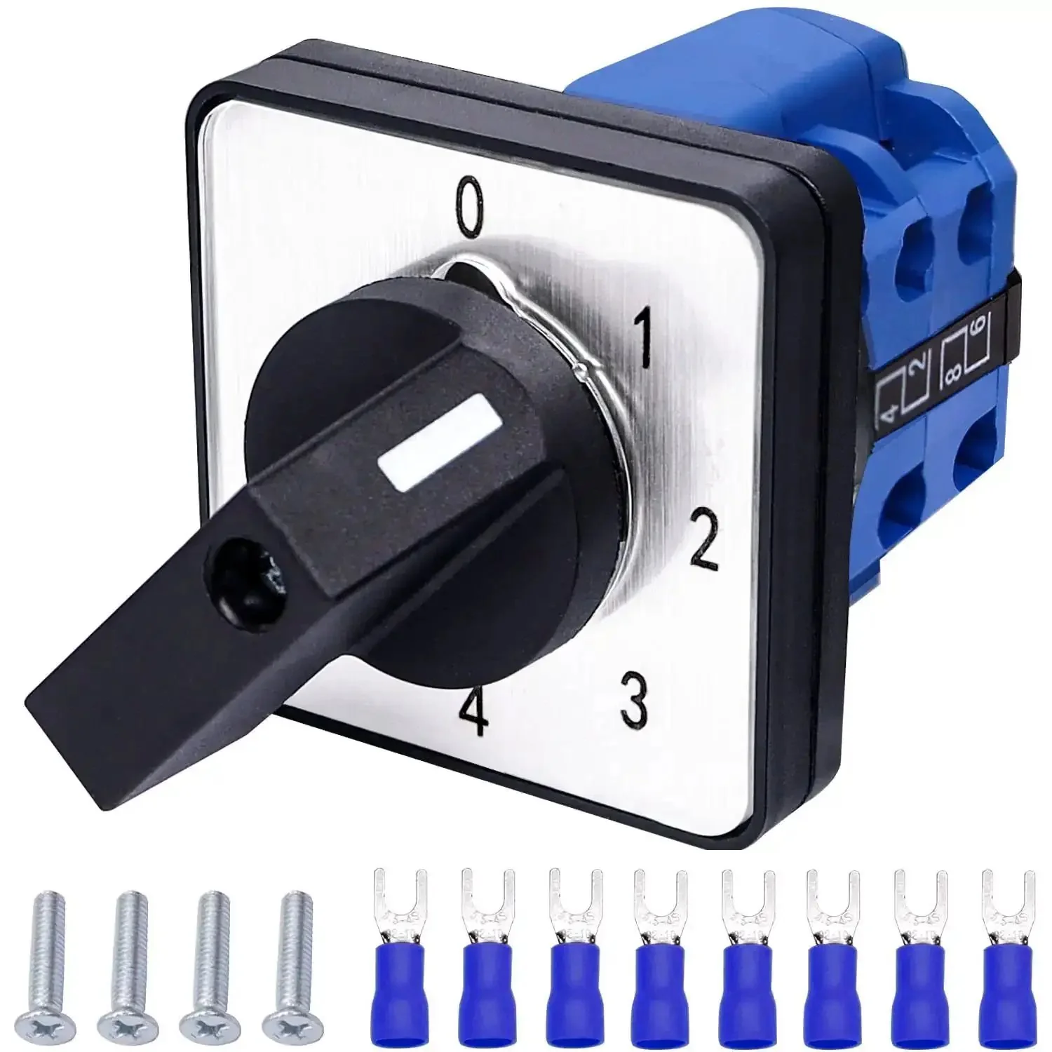 5 Position Changeover Selector Switch LW26-20-4/2 Latching Rotary Cam Controller With 8 Terminals, 550V 20A, 0-1-2-3-4 Settings, Flame Retardant PC Housing, Built Tough And Compact 48mm Panel Mount