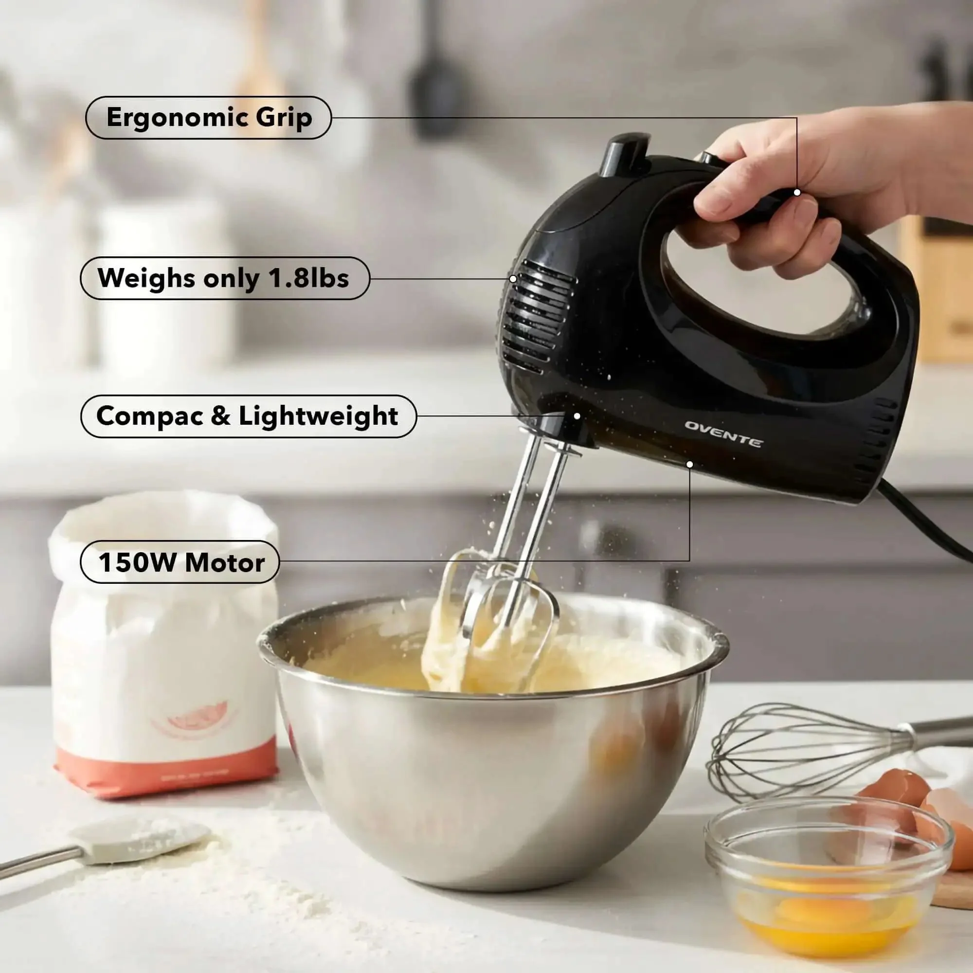 5 Speed Corded Hand Mixer With Stainless Steel Whisks, Compact Portable Design, Snap On Storage Case, 150W Lightweight Black Handheld Mixer For All Your Baking And Cooking Needs HM151B - Image 6