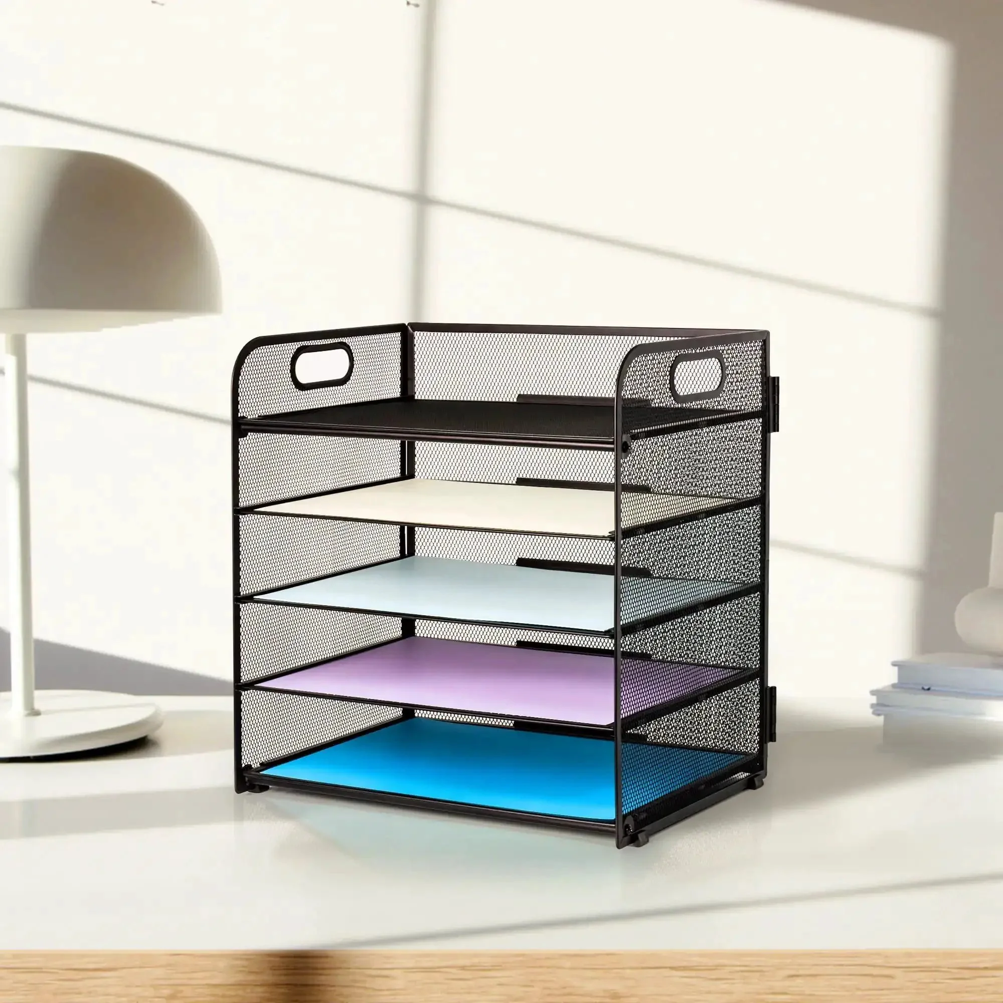5 Tray Letter Paper Organizer With Handle Mesh Desk File Sorter For Office Home Or School Hassle Free Install Space Saving Desk Organizer To Keep Papers Neat And Accessible - Image 3