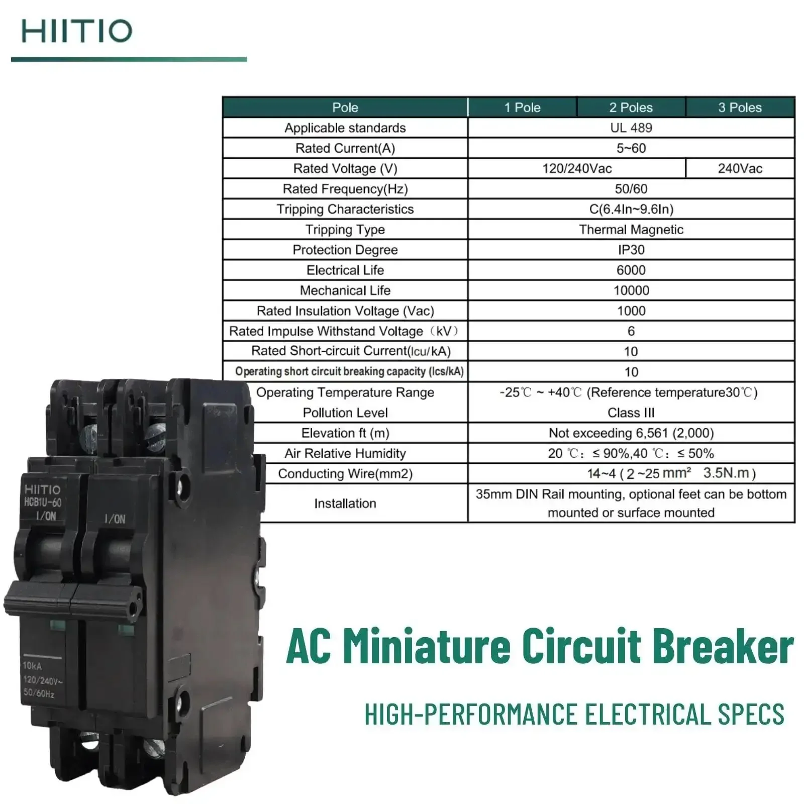 50 Amp 120V/240V Miniature Circuit Breaker 2 Pole DIN Rail Mount UL489 Listed HCB1U-60 MCB With 10kA Breaking Capacity For Main And Branch Circuits And Protects Both Main And Branch Wiring In Panels - Image 7