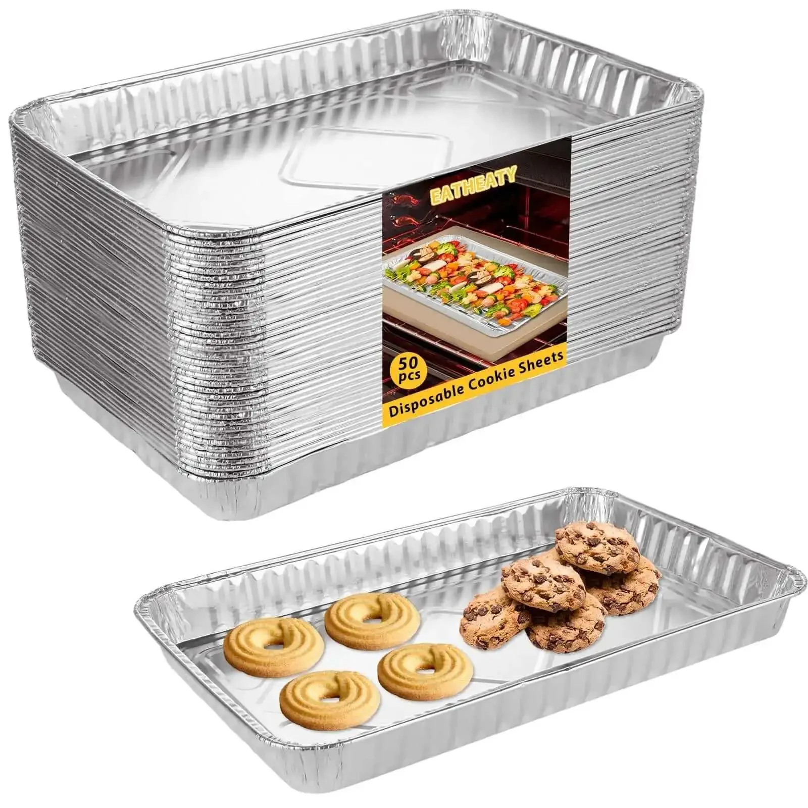 50 Pack Half Size Aluminum Pans Disposable Cookie Sheets Nonstick Baking Trays Foil Pans Shallow Sheet Pans 12.7 By 7.9 Inches Great For Baking Catering Parties Easy Cleanup